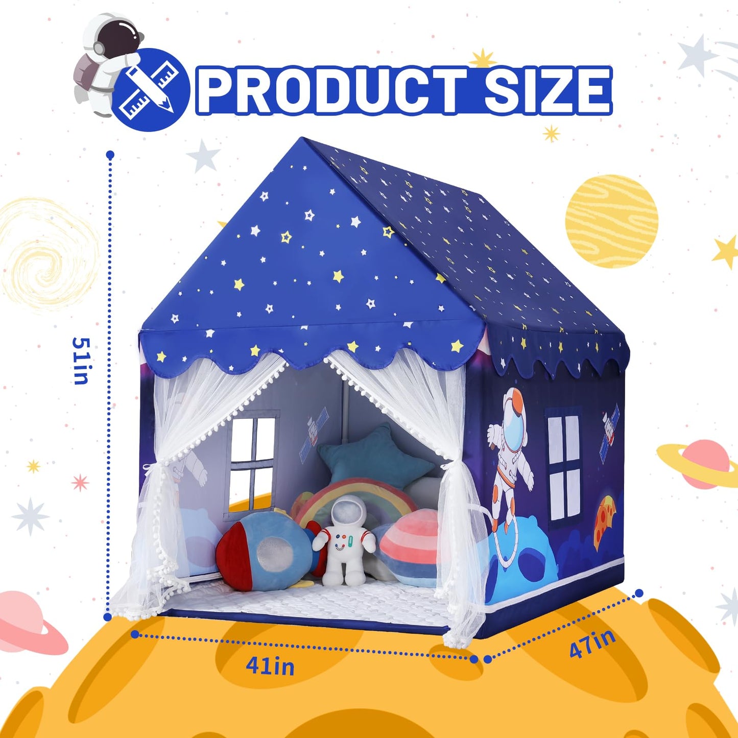 Wilwolfer Space Kids Tent Indoor with Mat & Star Lights – Rocket Ship Play Tent
