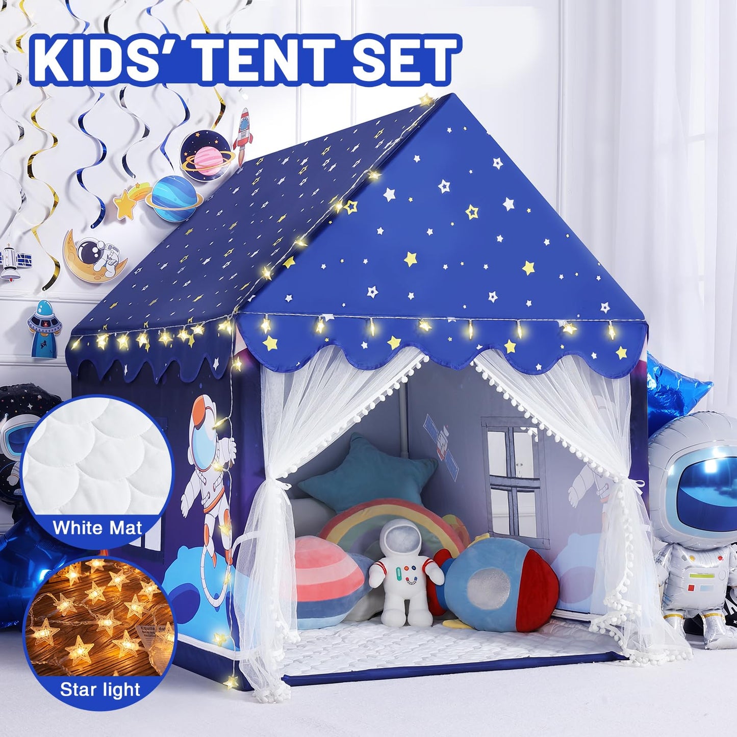 Wilwolfer Space Kids Tent Indoor with Mat & Star Lights – Rocket Ship Play Tent