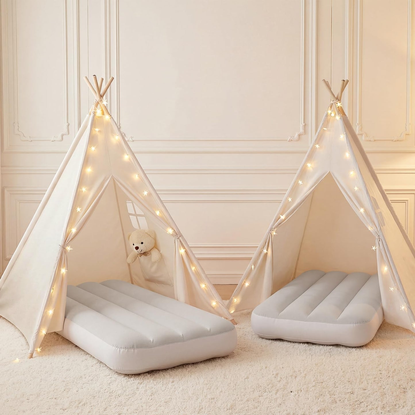 Wilwolfer 2 Pack Teepee Tent for Kids with Inflatable Airbed – Indoor Foldable Play Tent