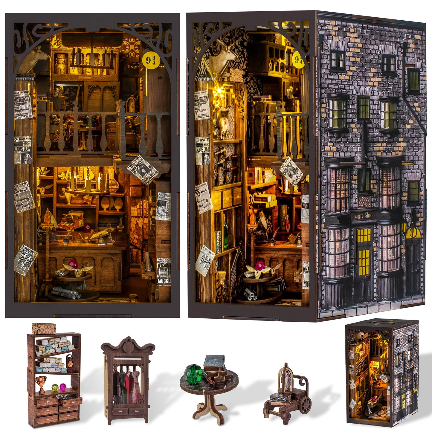 Wimlade DIY Book Nook Kit — Wooden 3D Puzzle Bookend Decor for Halloween & Christmas