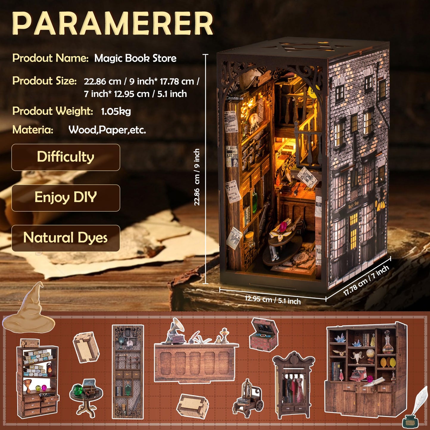 Wimlade DIY Book Nook Kit — Wooden 3D Puzzle Bookend Decor for Halloween & Christmas