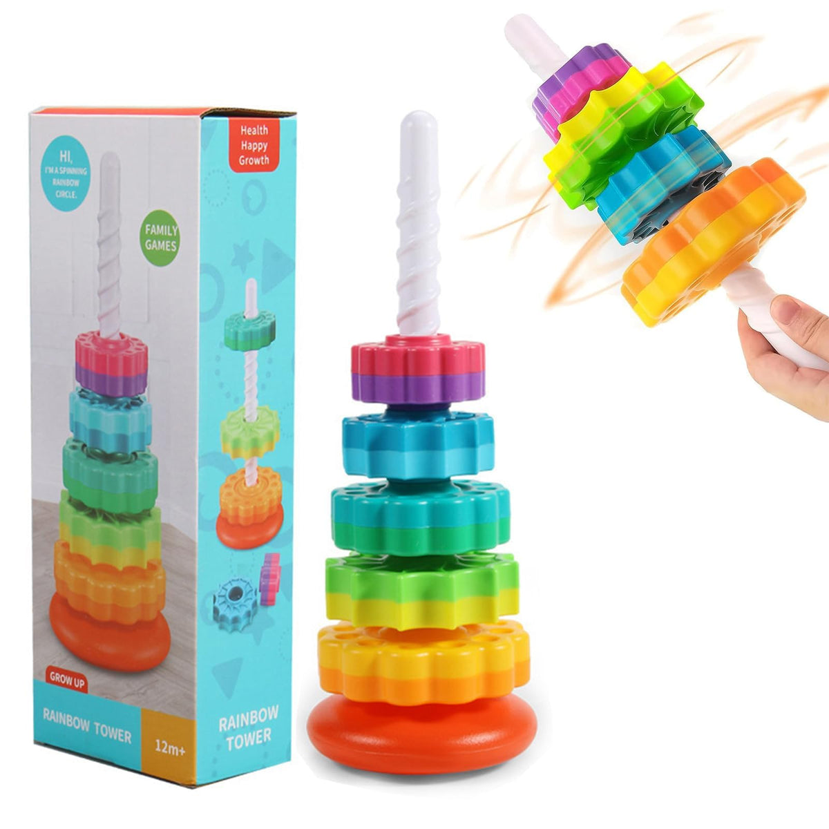 Winbar Baby Spinning Stacking Toys – Rainbow Tower Ring Stacker for 6-12 Months