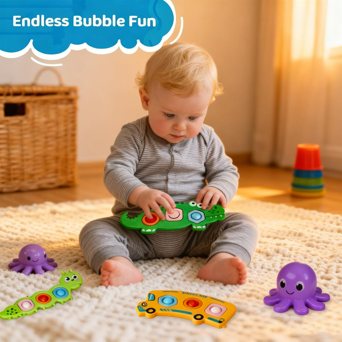 Winbar 3Pcs Sensory Baby Toys – Push & Pop Bubbles, Montessori Textured Strips