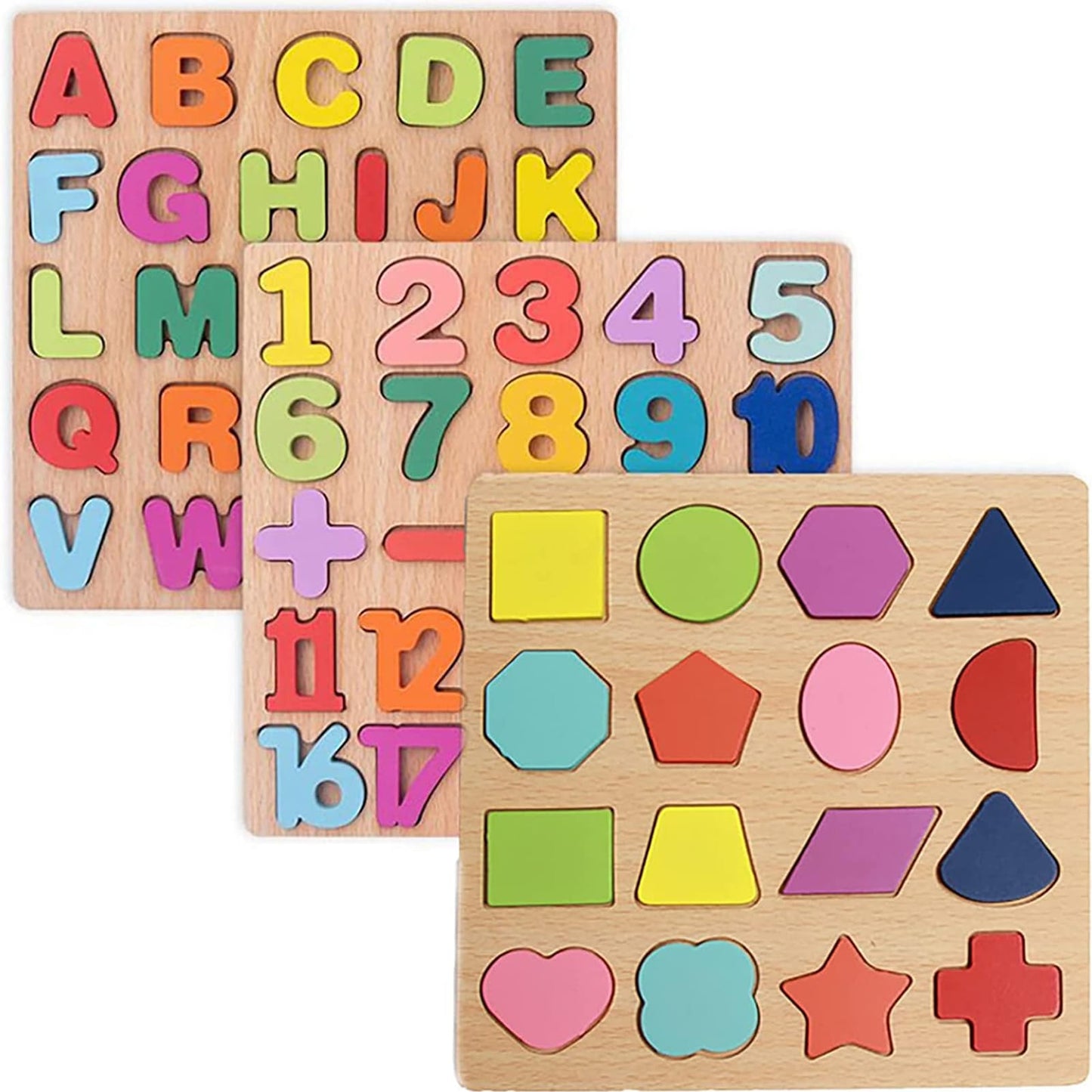Winbar Wooden Puzzles for Toddlers – 3-Pack Alphabet, Numbers & Shapes