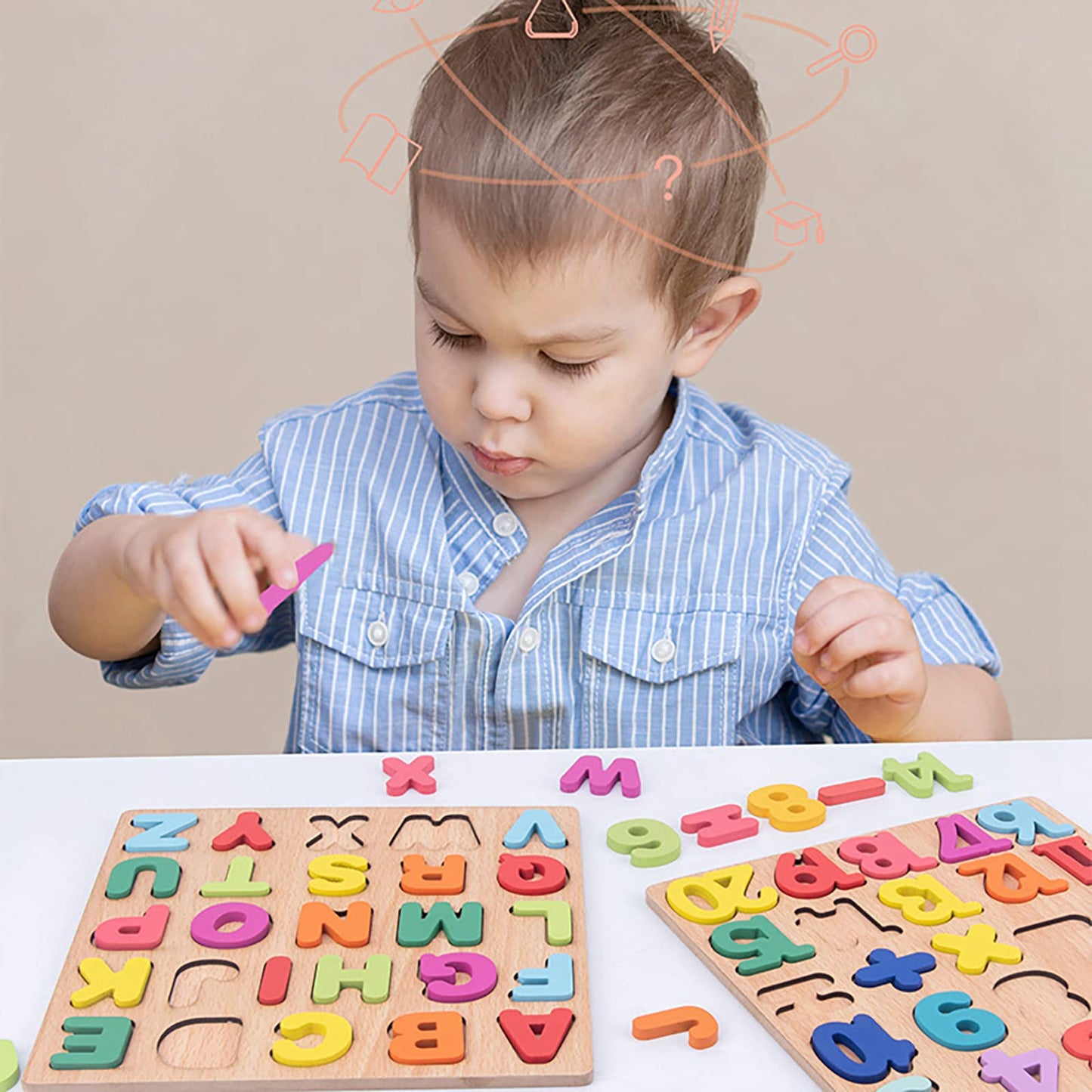 Winbar Wooden Puzzles for Toddlers – 3-Pack Alphabet, Numbers & Shapes