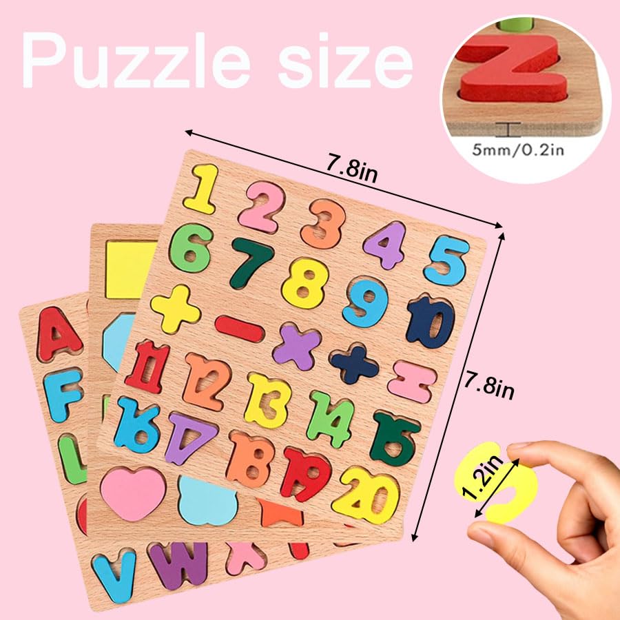 Winbar Wooden Puzzles for Toddlers – 3-Pack Alphabet, Numbers & Shapes