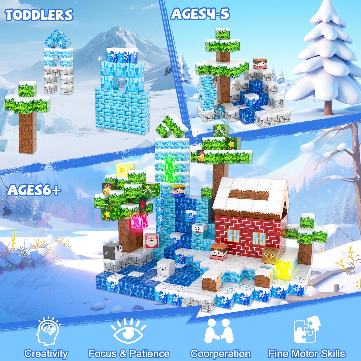 Winchoice Magnet 150PCS Magnetic Blocks – Light-Up Icy World STEM Toys for Kids 3+