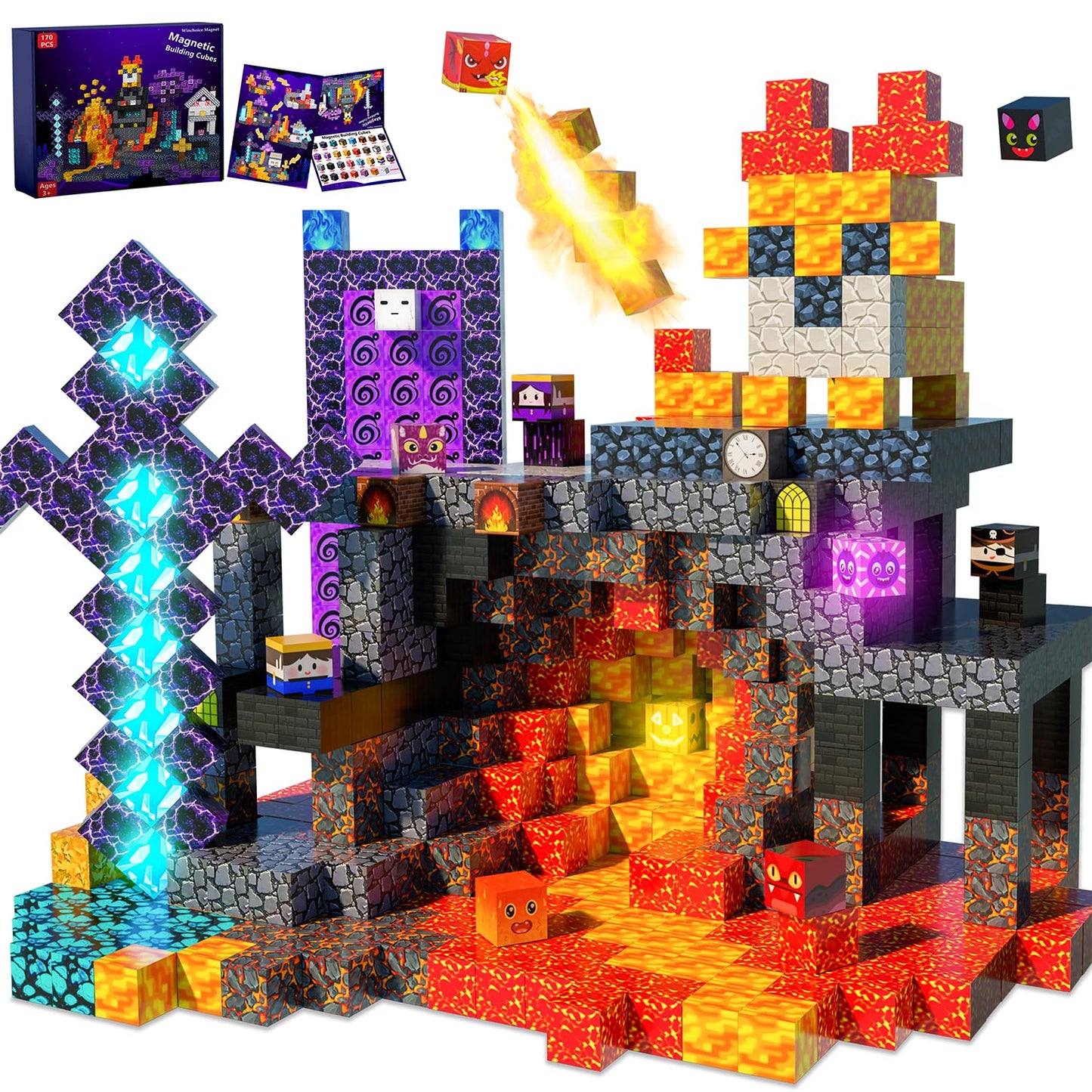 Winchoice Magnet 170pcs Magnetic Blocks with Light-Up Cubes | 1-Inch STEM Building Toys for Kids 3+