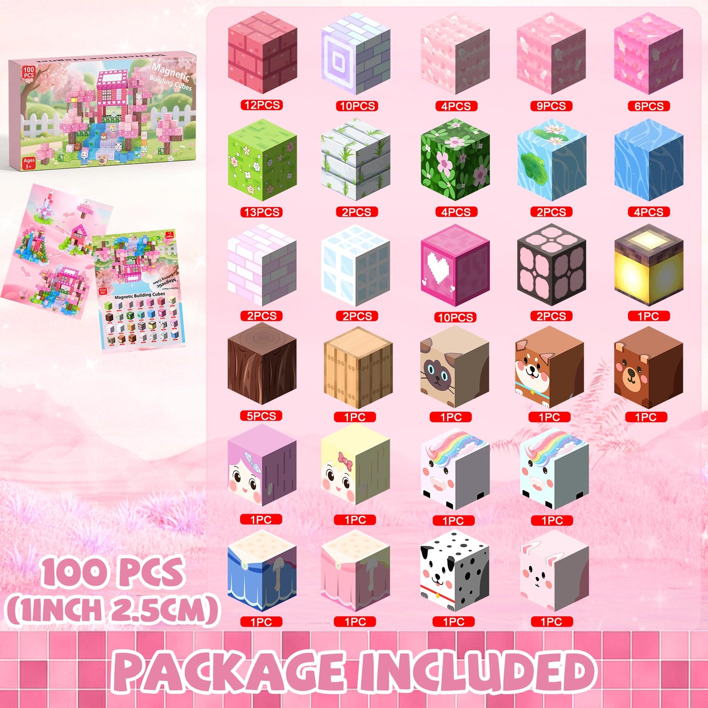 Winchoice Magnet 100-Piece Princess Magnetic Blocks for Girls 3+ | Pink 1-Inch Cubes