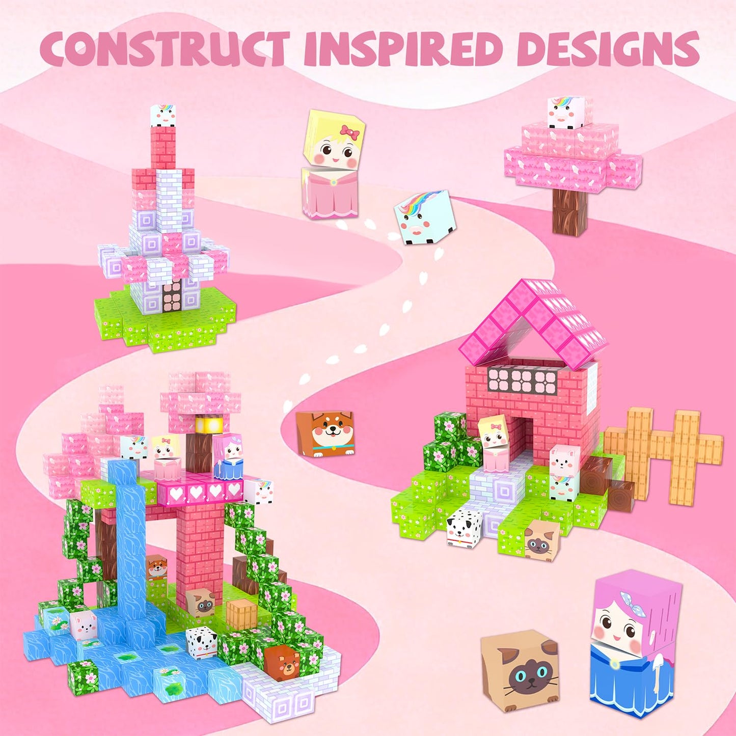 Winchoice Magnet 100-Piece Princess Magnetic Blocks for Girls 3+ | Pink 1-Inch Cubes