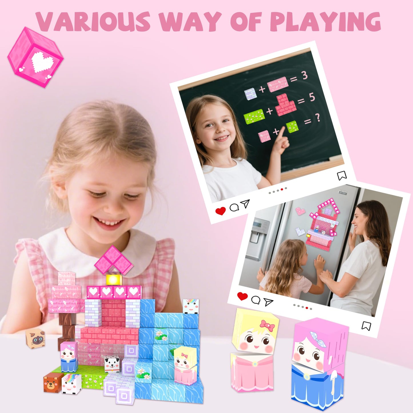 Winchoice Magnet 100-Piece Princess Magnetic Blocks for Girls 3+ | Pink 1-Inch Cubes