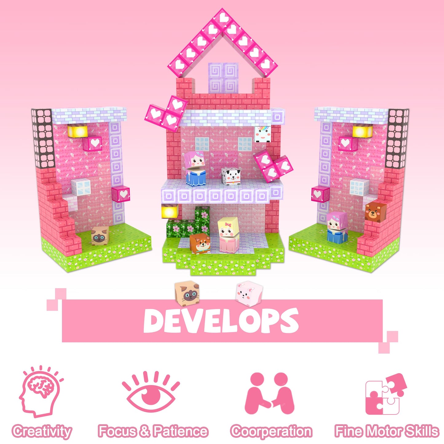Winchoice Magnet 100-Piece Princess Magnetic Blocks for Girls 3+ | Pink 1-Inch Cubes