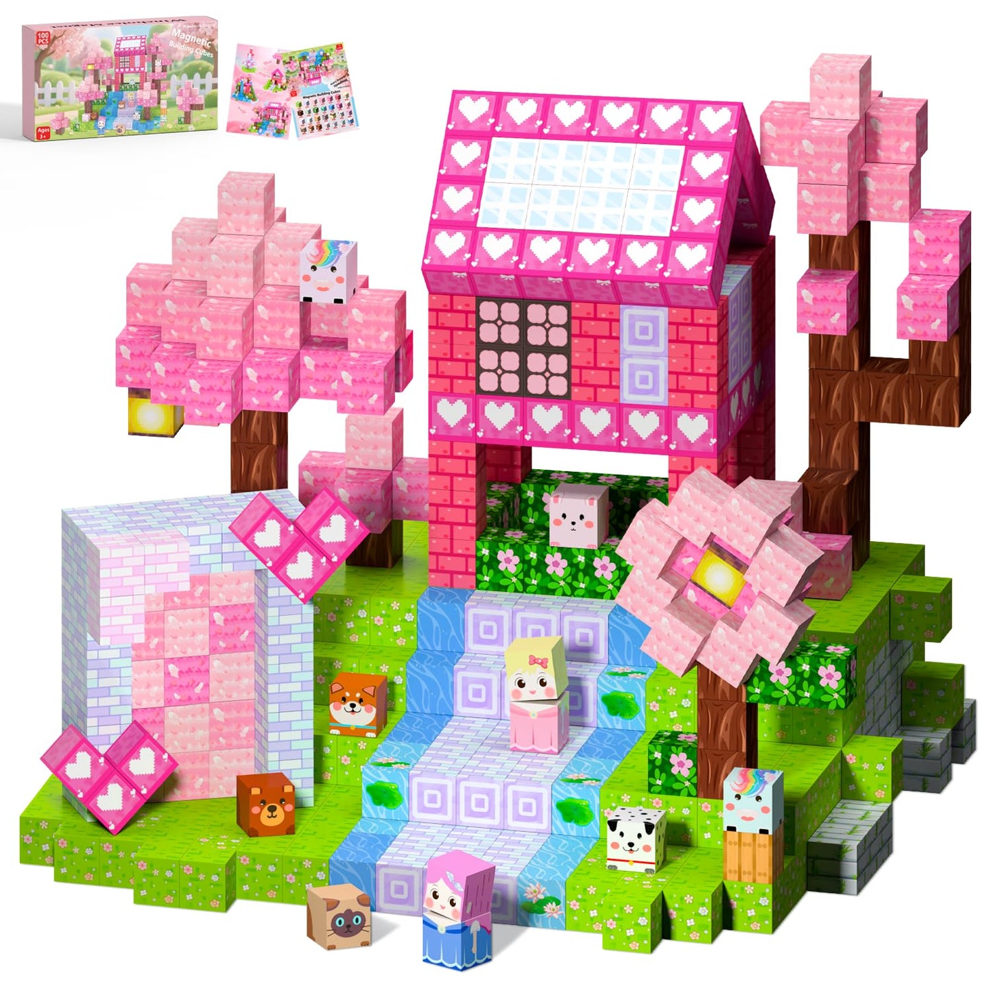 Winchoice Magnet 100-Piece Princess Magnetic Blocks for Girls 3+ | Pink 1-Inch Cubes