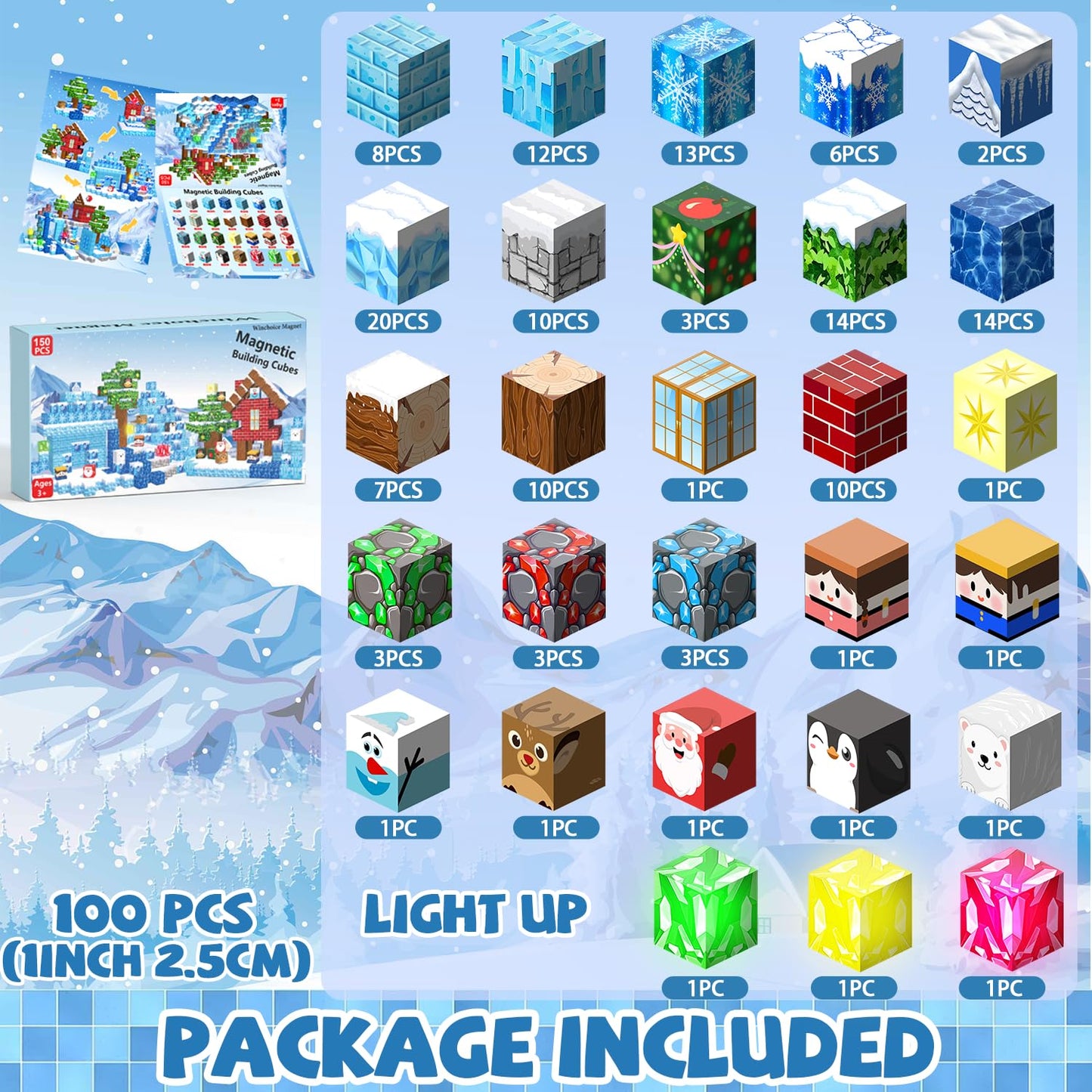 Winchoice Magnet 150PCS Magnetic Blocks – Light-Up Icy World STEM Toys for Kids 3+