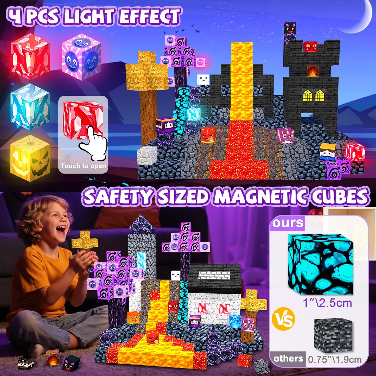 Winchoice Magnet 170pcs Magnetic Blocks with Light-Up Cubes | 1-Inch STEM Building Toys for Kids 3+