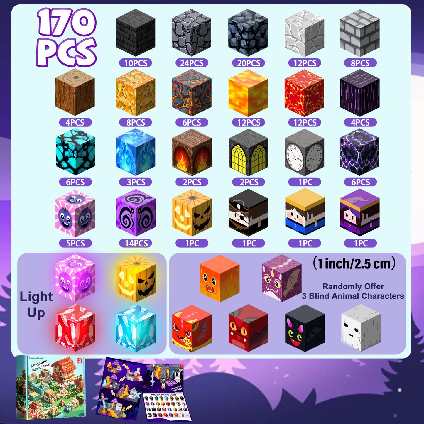 Winchoice Magnet 170pcs Magnetic Blocks with Light-Up Cubes | 1-Inch STEM Building Toys for Kids 3+