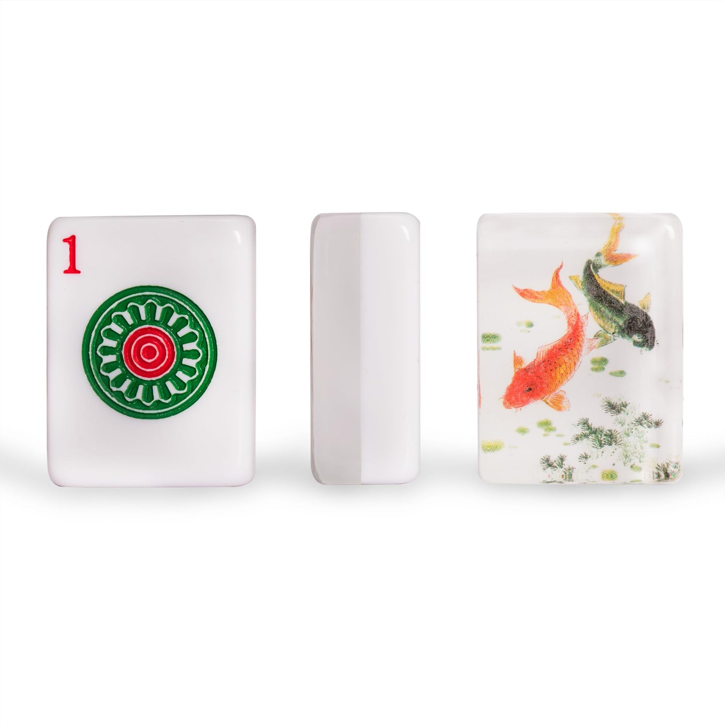 Yellow Mountain Imports American Mahjong Set — Celadon Koi, Mint Green Case, 4 Wooden Racks, Coins, Dice, Wind Indicator