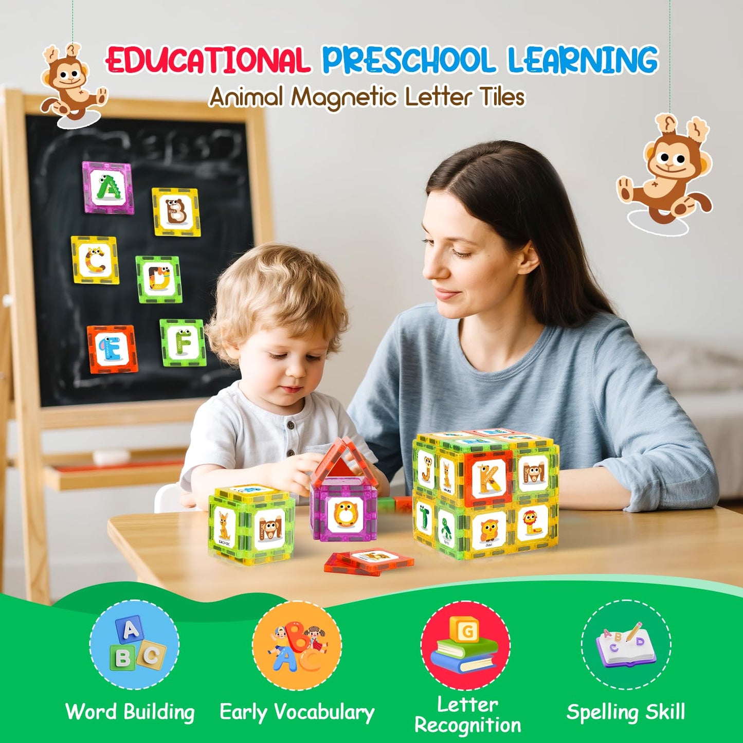 Windidi Magnetic Letters Learning Tiles – Animal Alphabet ABC Magnets for Preschool
