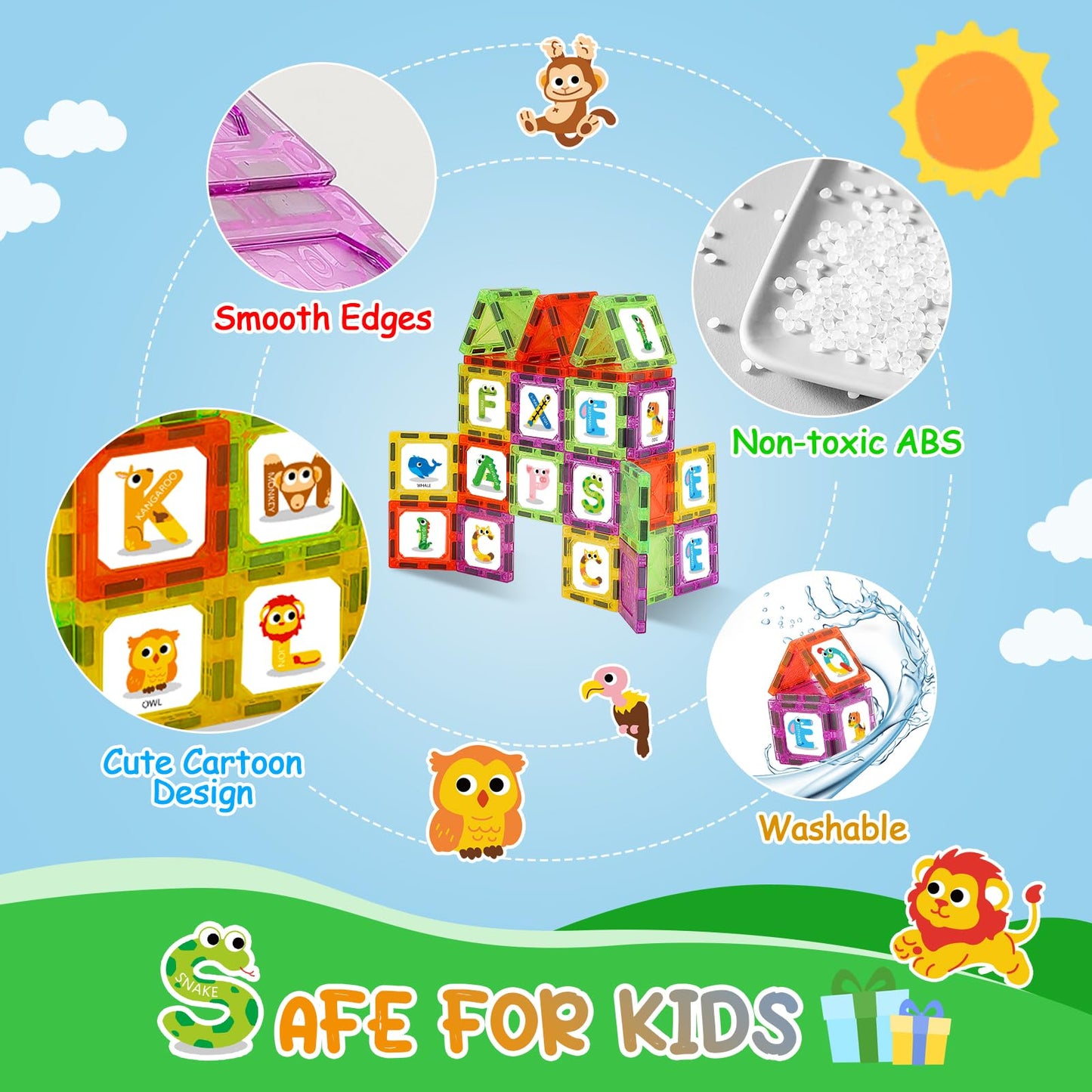 Windidi Magnetic Letters Learning Tiles – Animal Alphabet ABC Magnets for Preschool