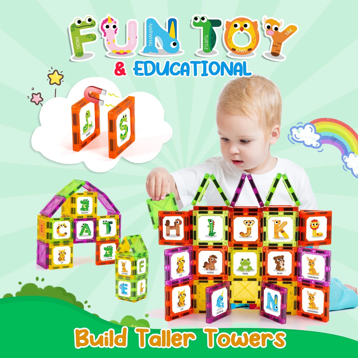 Windidi Magnetic Letters Learning Tiles – Animal Alphabet ABC Magnets for Preschool