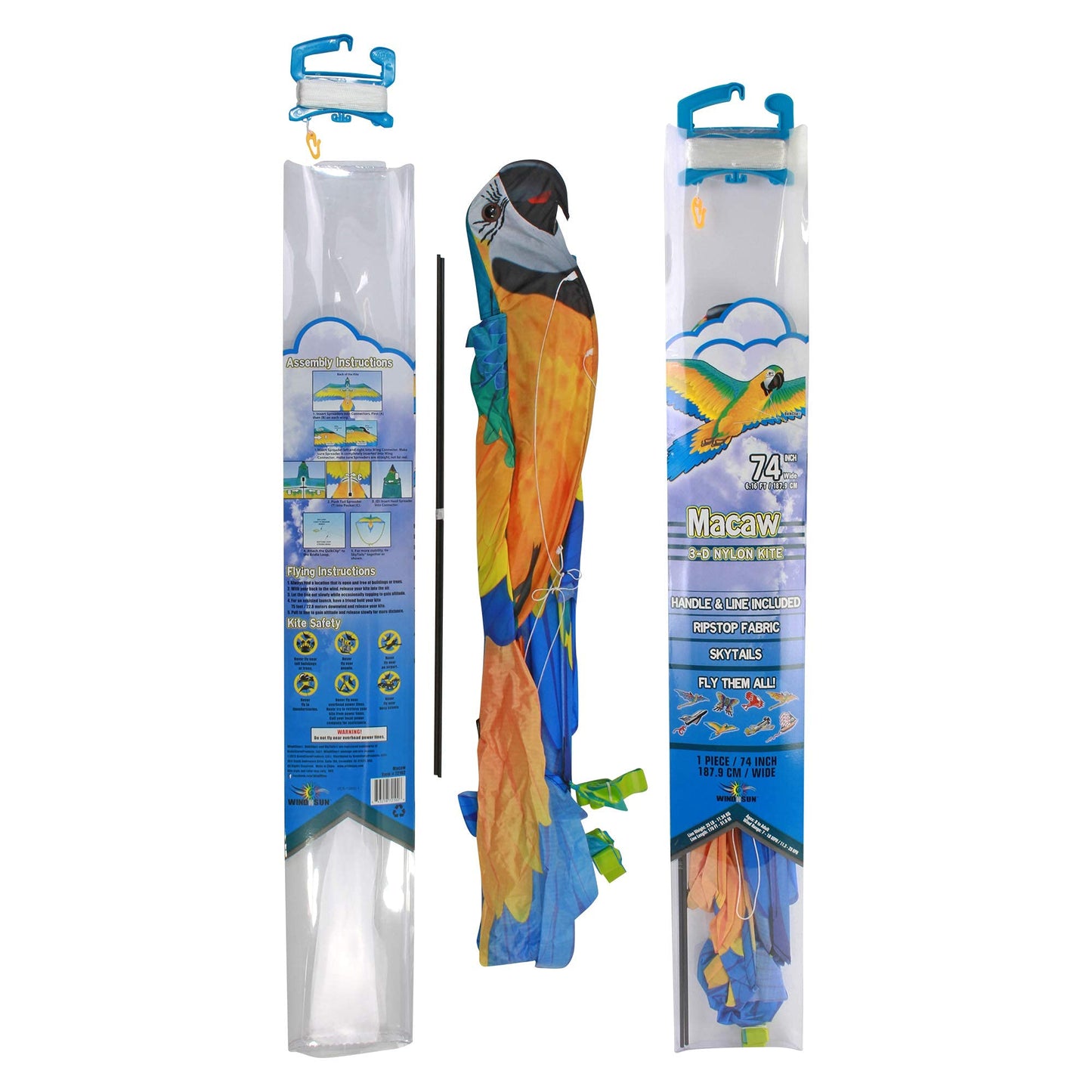 WindNSun Super Size 3D Blue Macaw Kite – 74-Inch Wingspan Nylon Parrot