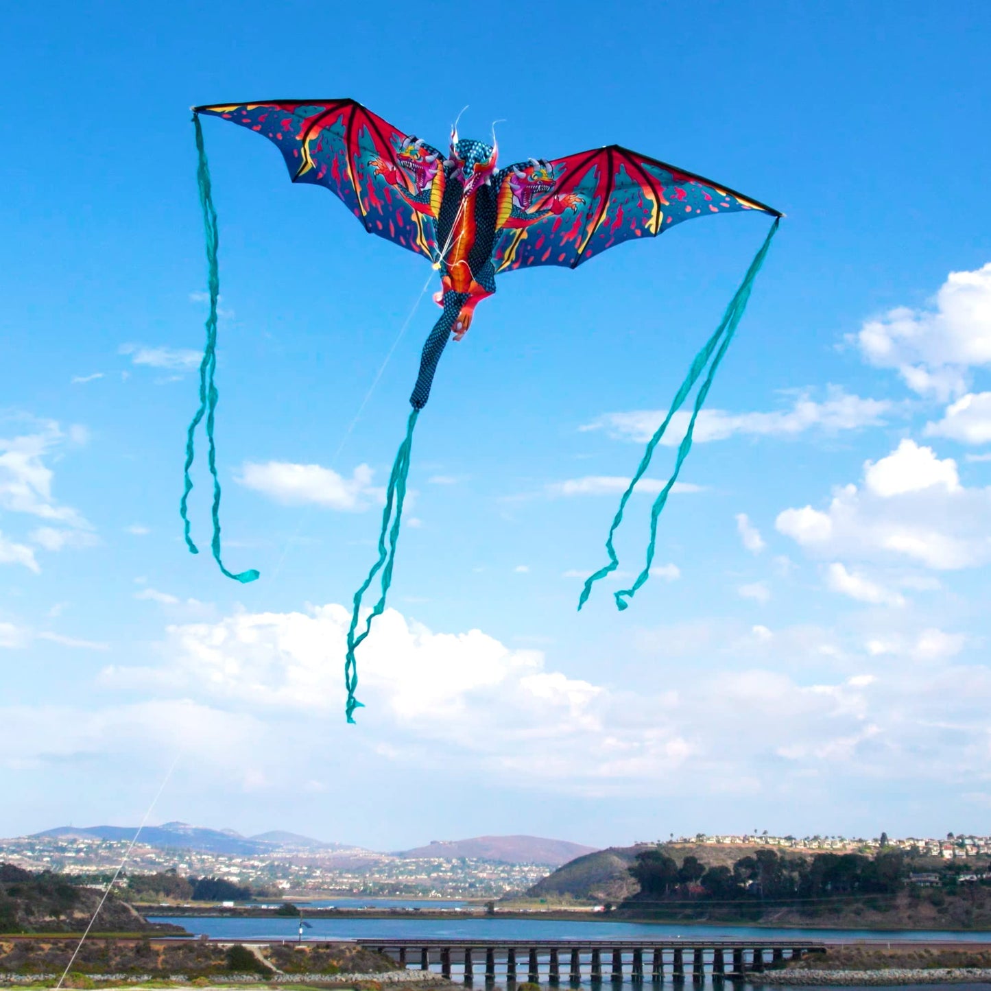 WindNSun Supersized Three-Headed Dragon 3D Kite — 76in Wingspan, Fiberglass Frame, Vibrant Colors