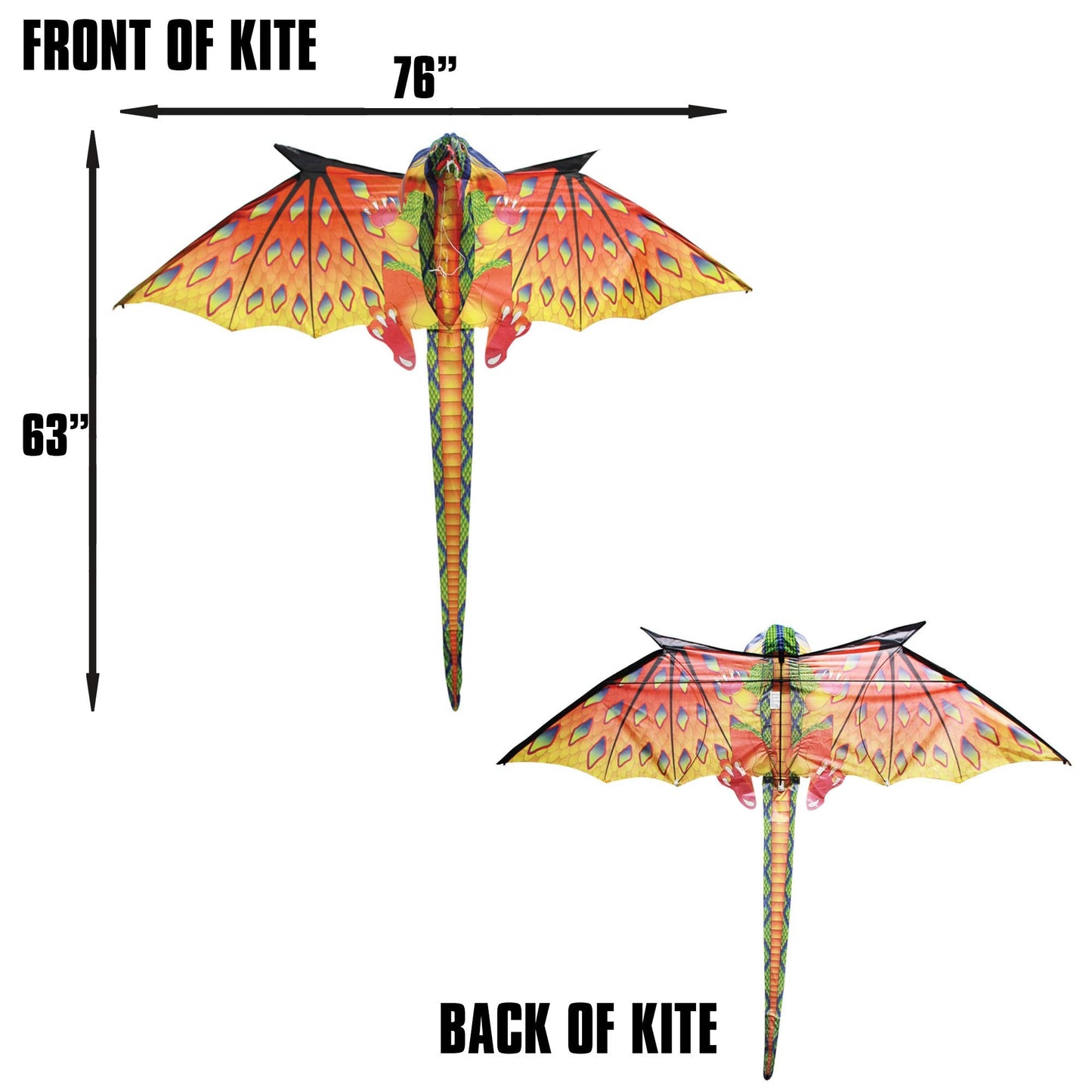 WindNSun Super Size 3D Green Dragon Kite - 76in Wide, Durable Fiberglass Frame & Ripstop Nylon