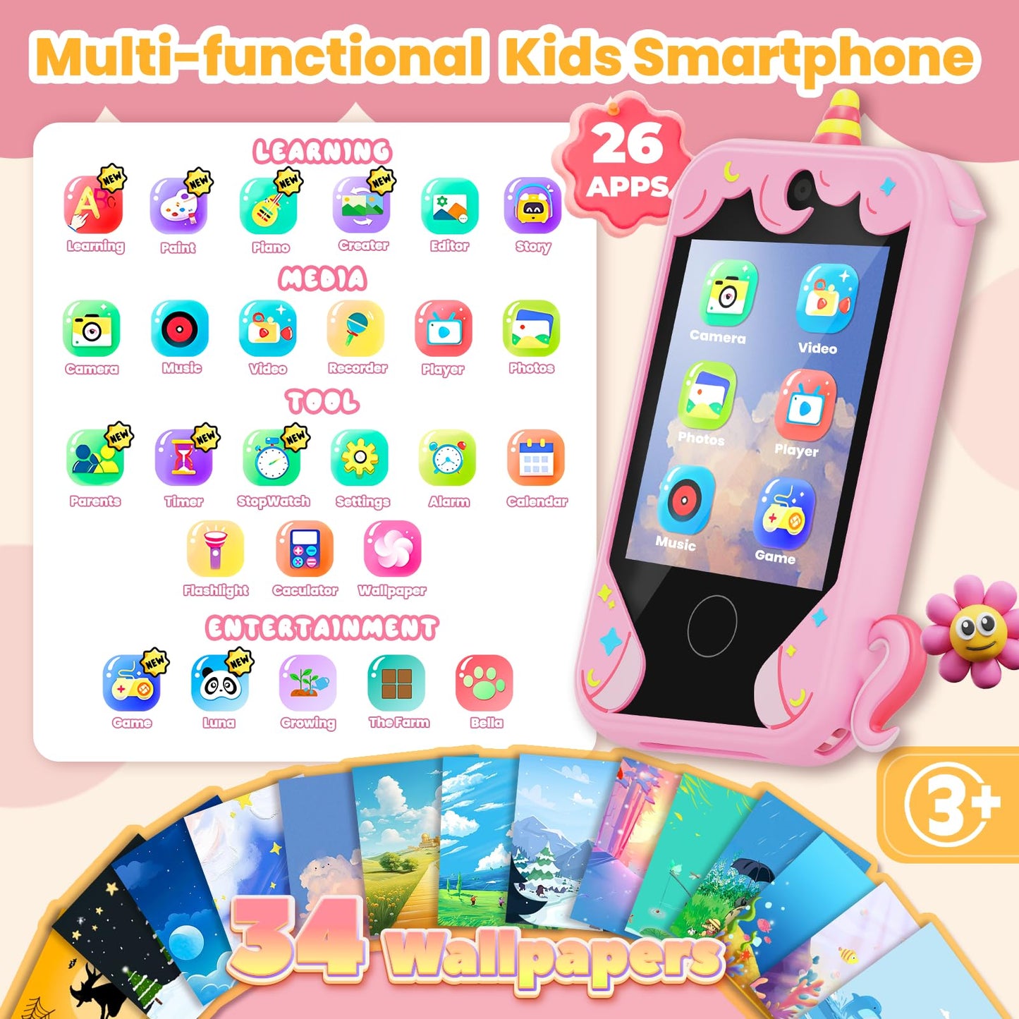 Windpaint Kids Phone - 2.8-inch Touchscreen Educational Toy (Pink)