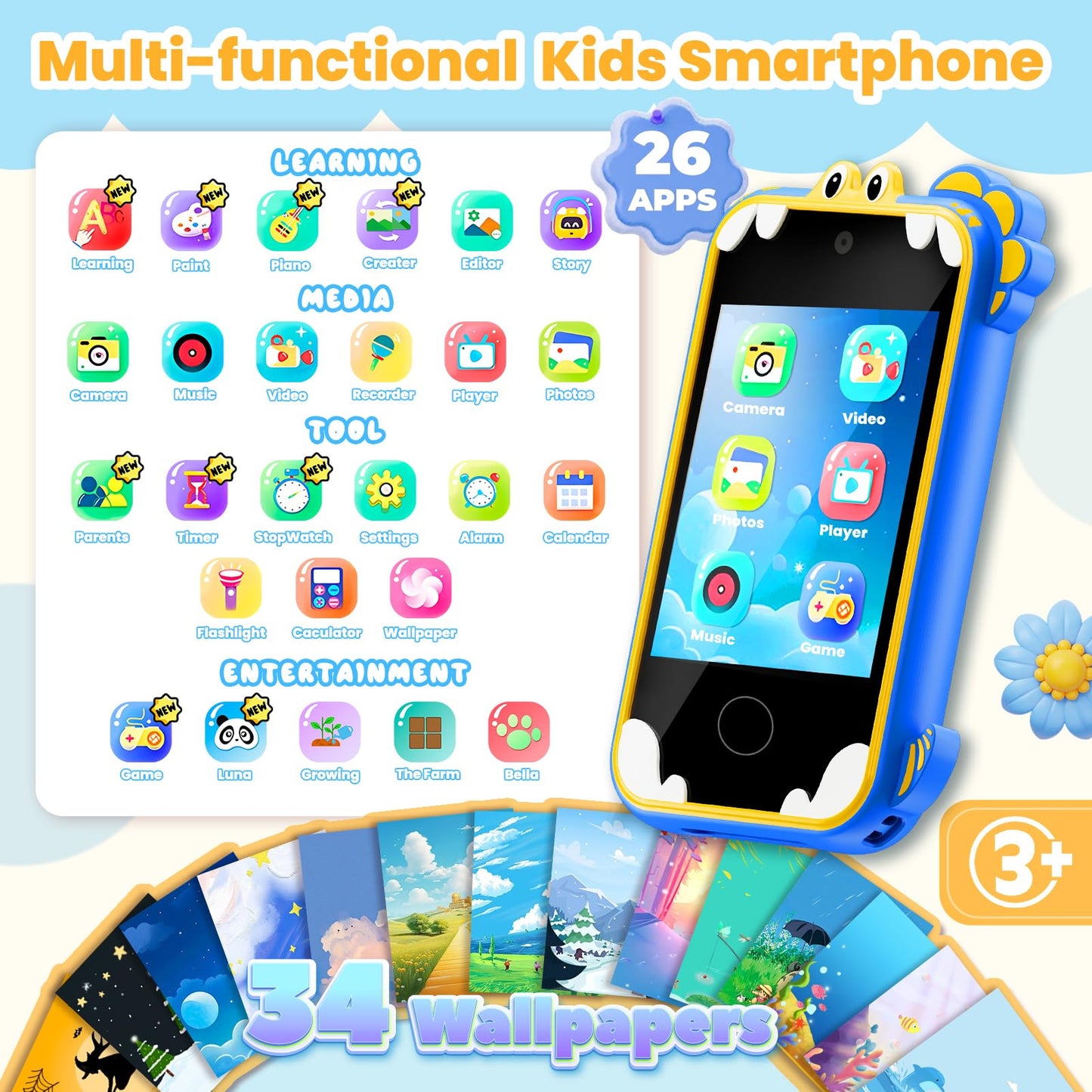 Windpaint Kids Phone - 2.8-inch Educational Toy for Ages 3-10 (Blue)