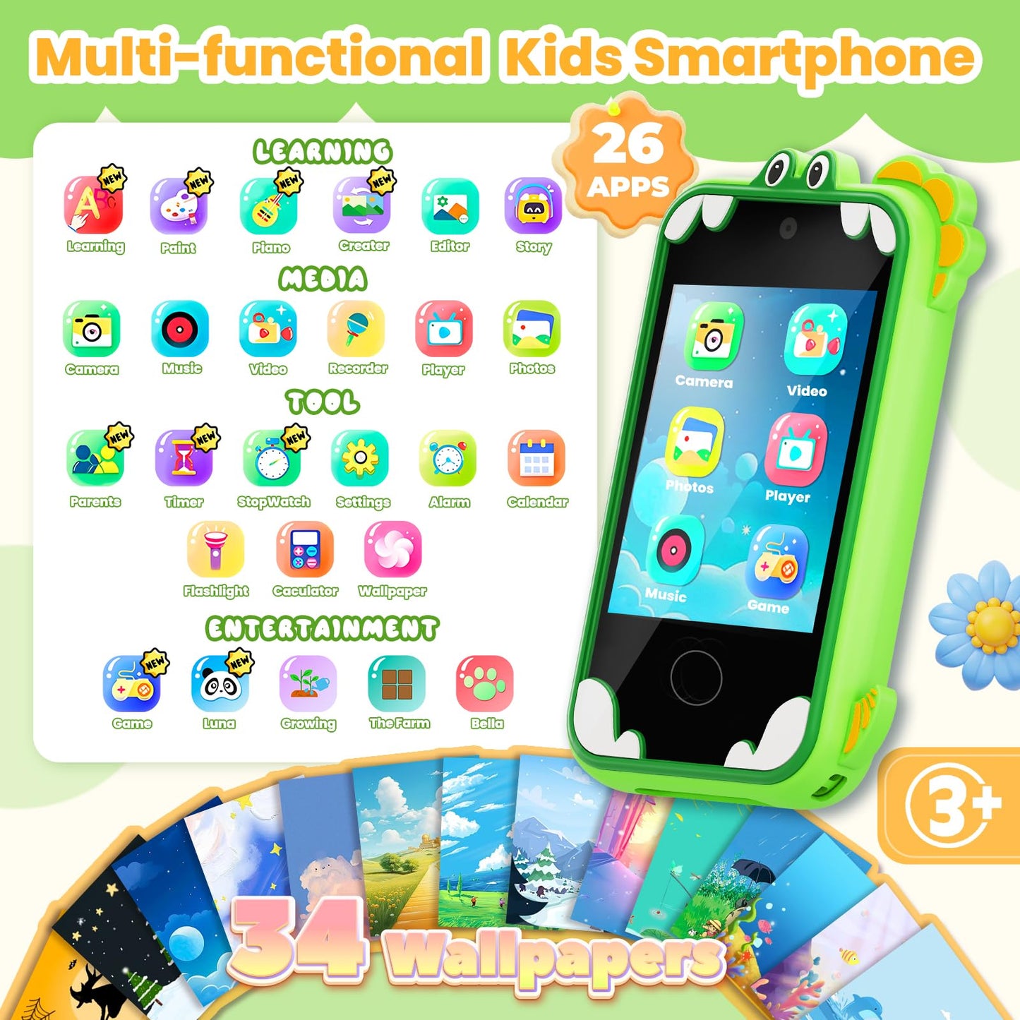 Windpaint Kids Phone for Girls & Boys – 2.8-Inch Touchscreen Educational Toy (Green)