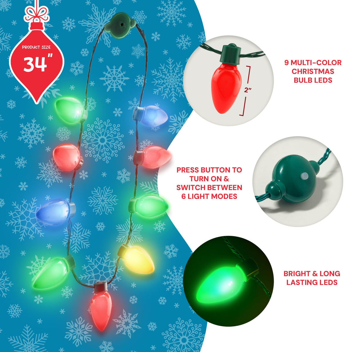 Windy City Novelties 9-Bulb Christmas LED Necklace — 6 Lighting Modes, Battery Included