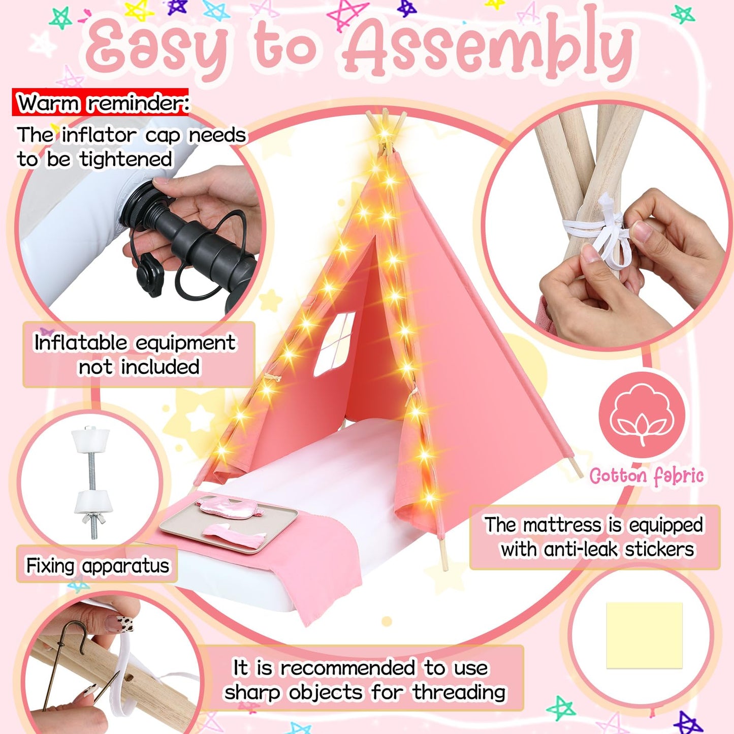 Windyun 4 Pack Kids Teepee Tent Set – Sleepover Tents with Mattresses, Lights & Trays (Pink)