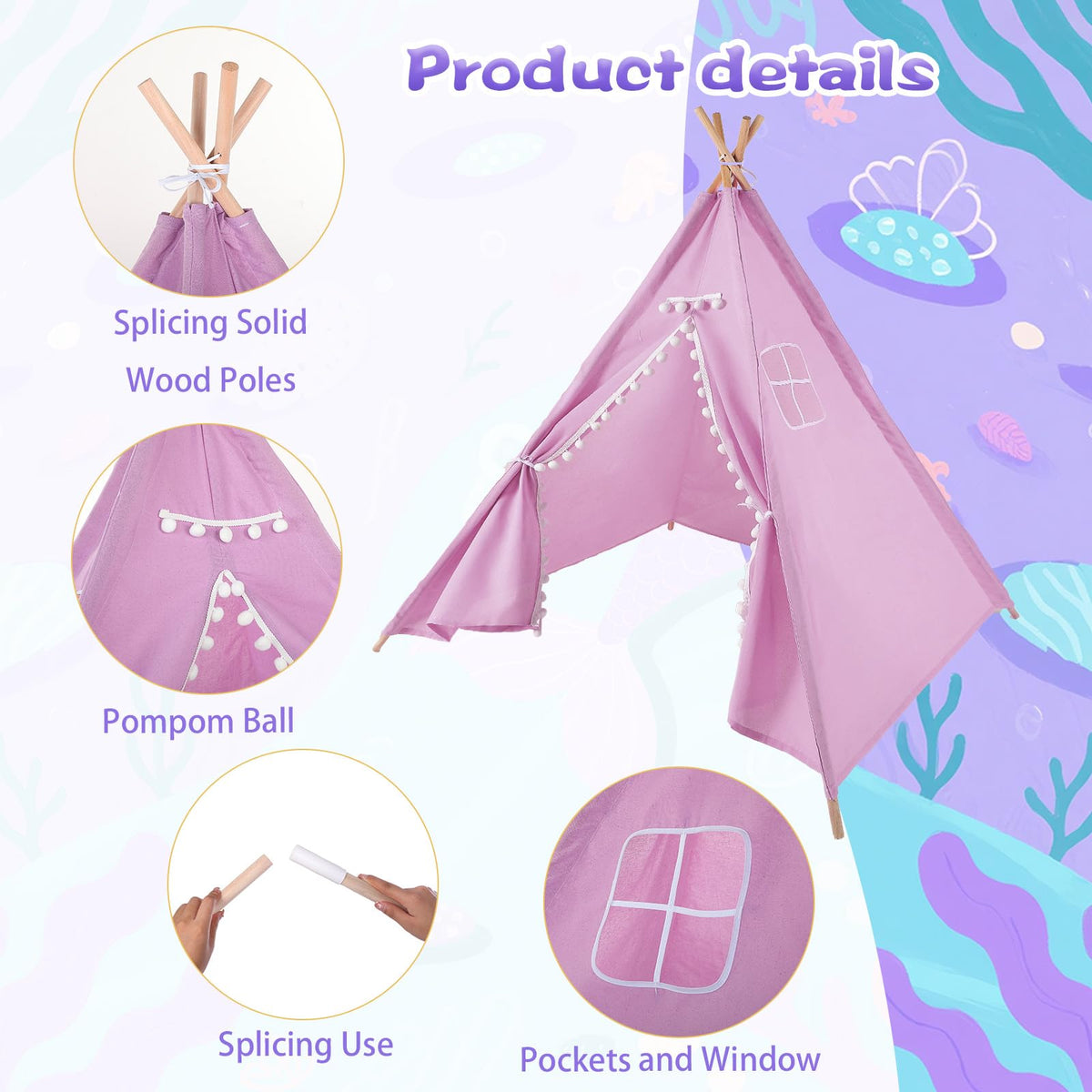 Windyun 6-Piece Kids Teepee Tent Set – Foldable, Washable, Teal & Light Purple | Indoor/Outdoor