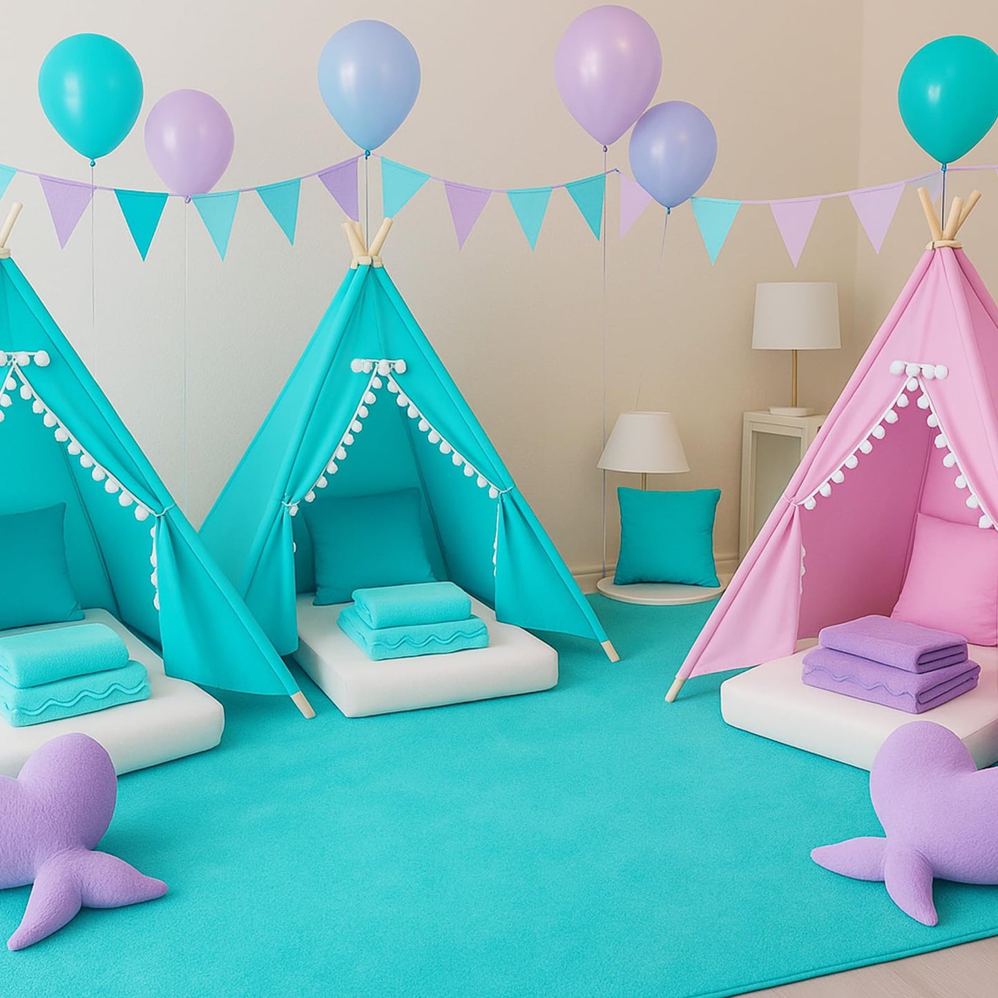 Windyun 6-Piece Kids Teepee Tent Set – Foldable, Washable, Teal & Light Purple | Indoor/Outdoor