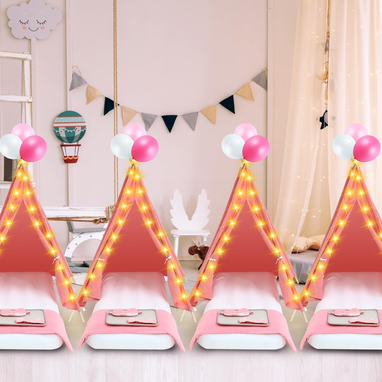 Windyun 4 Pack Kids Teepee Tent Set – Sleepover Tents with Mattresses, Lights & Trays (Pink)