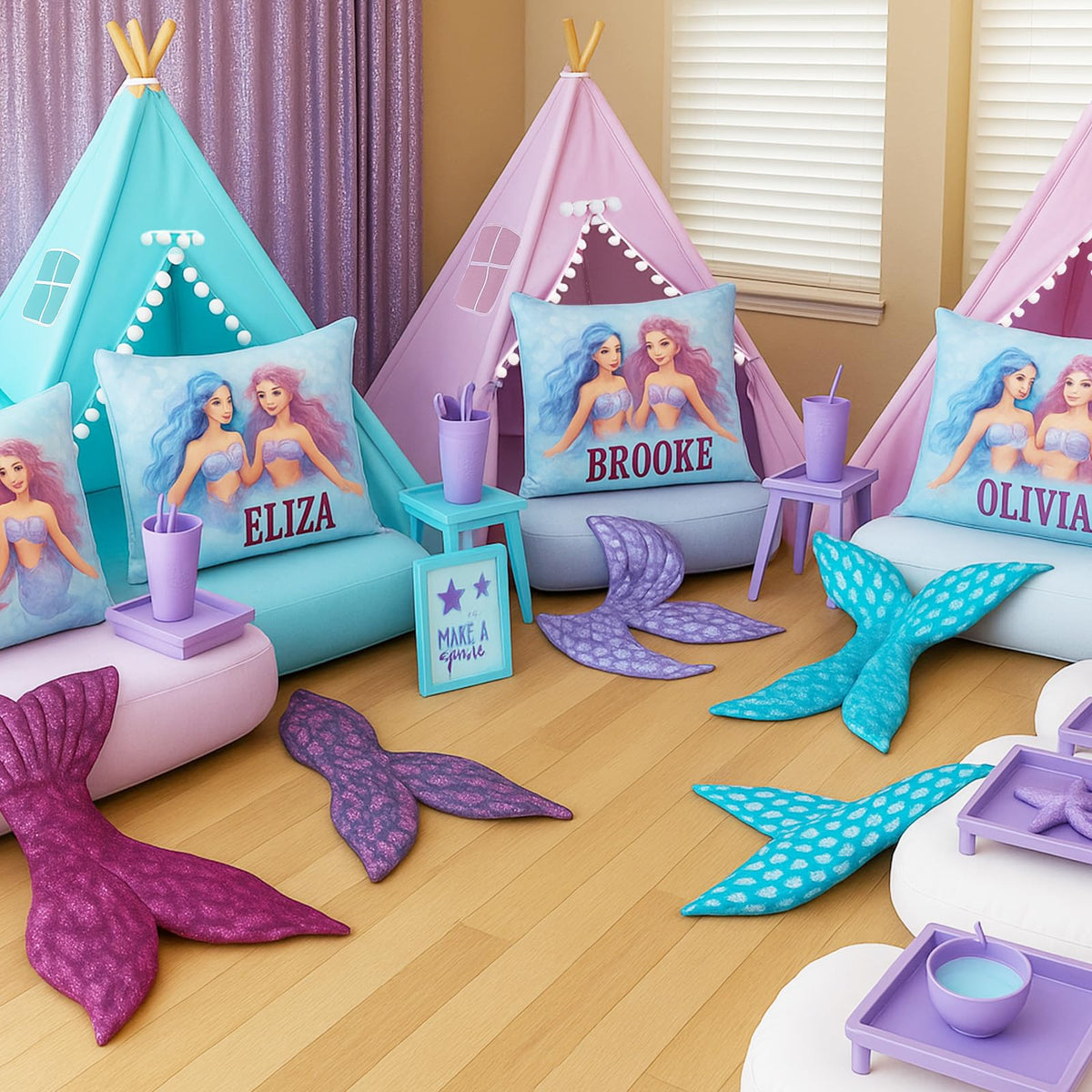 Windyun 6-Piece Kids Teepee Tent Set – Foldable, Washable, Teal & Light Purple | Indoor/Outdoor