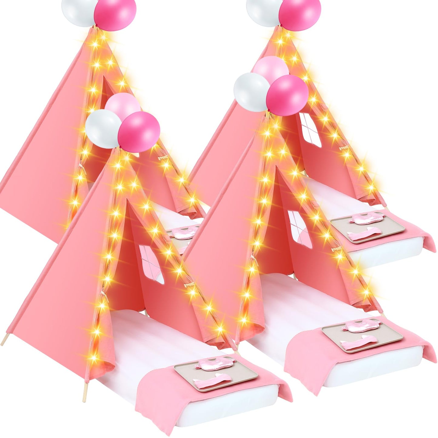 Windyun 4 Pack Kids Teepee Tent Set – Sleepover Tents with Mattresses, Lights & Trays (Pink)