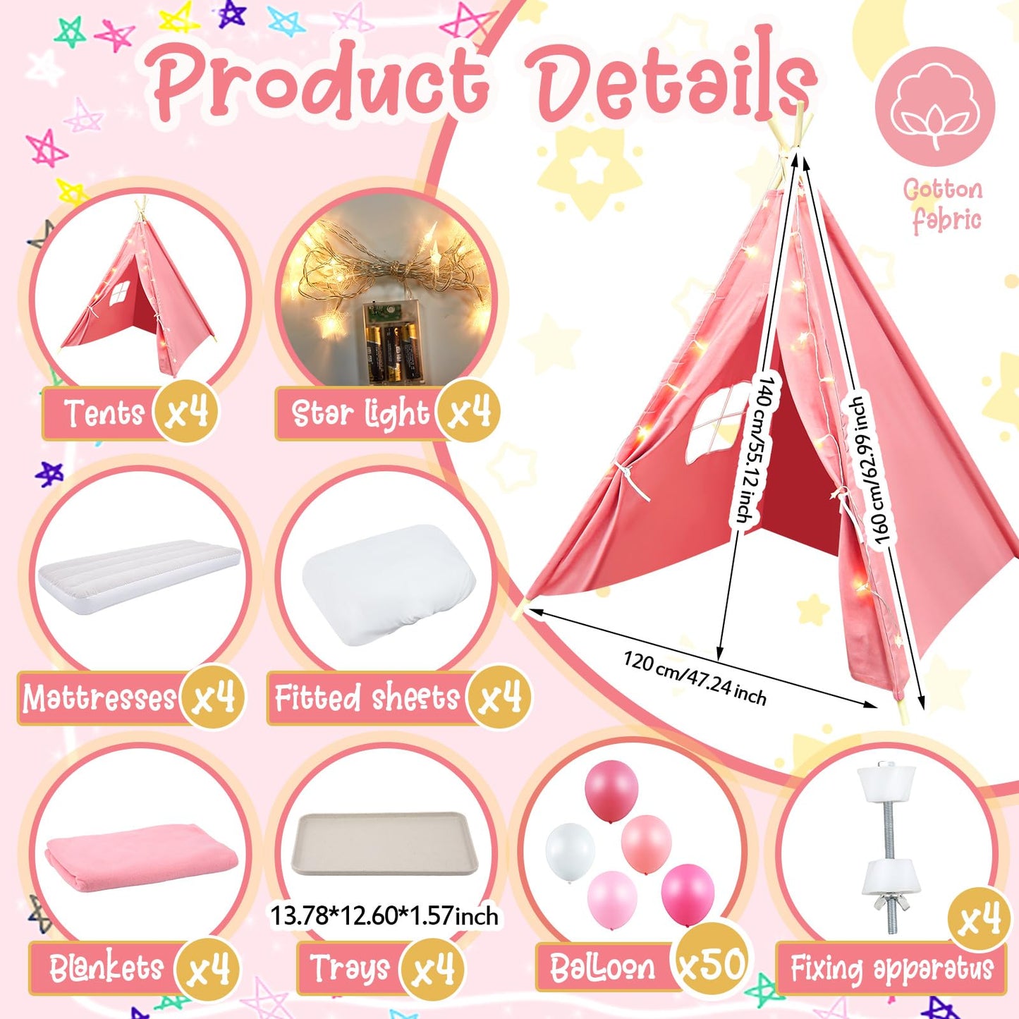 Windyun 4 Pack Kids Teepee Tent Set – Sleepover Tents with Mattresses, Lights & Trays (Pink)