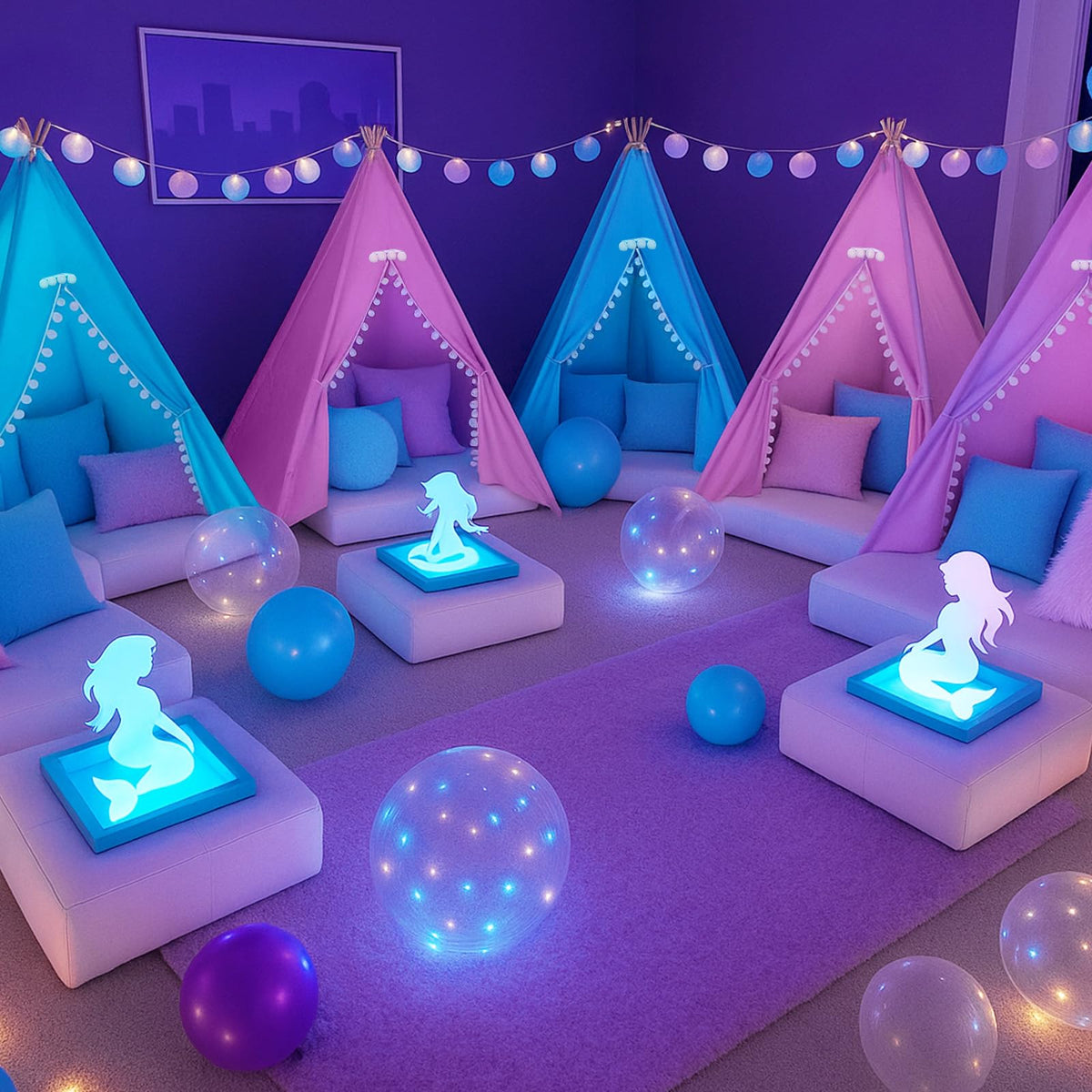 Windyun 6-Piece Kids Teepee Tent Set – Foldable, Washable, Teal & Light Purple | Indoor/Outdoor