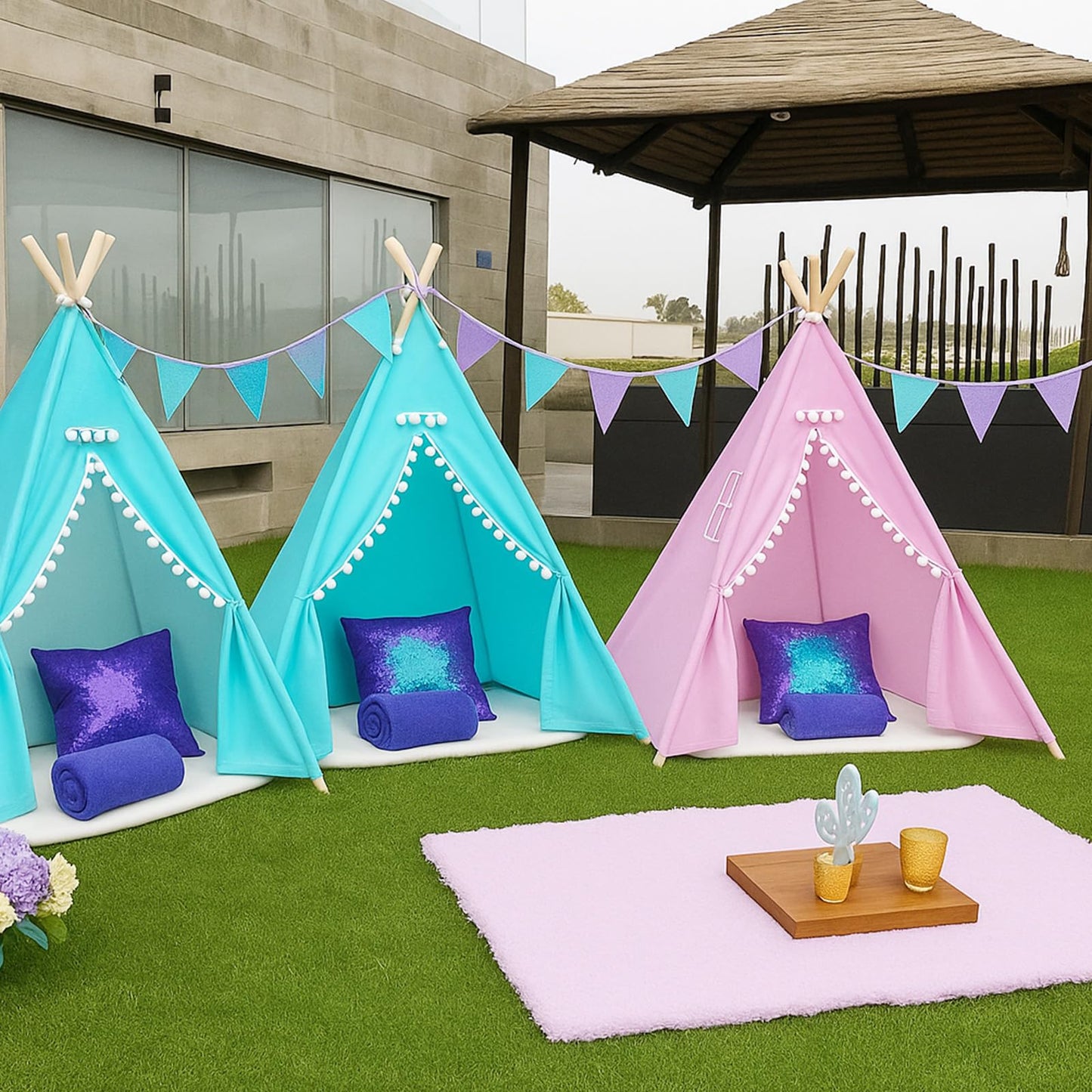 Windyun 6-Piece Kids Teepee Tent Set – Foldable, Washable, Teal & Light Purple | Indoor/Outdoor