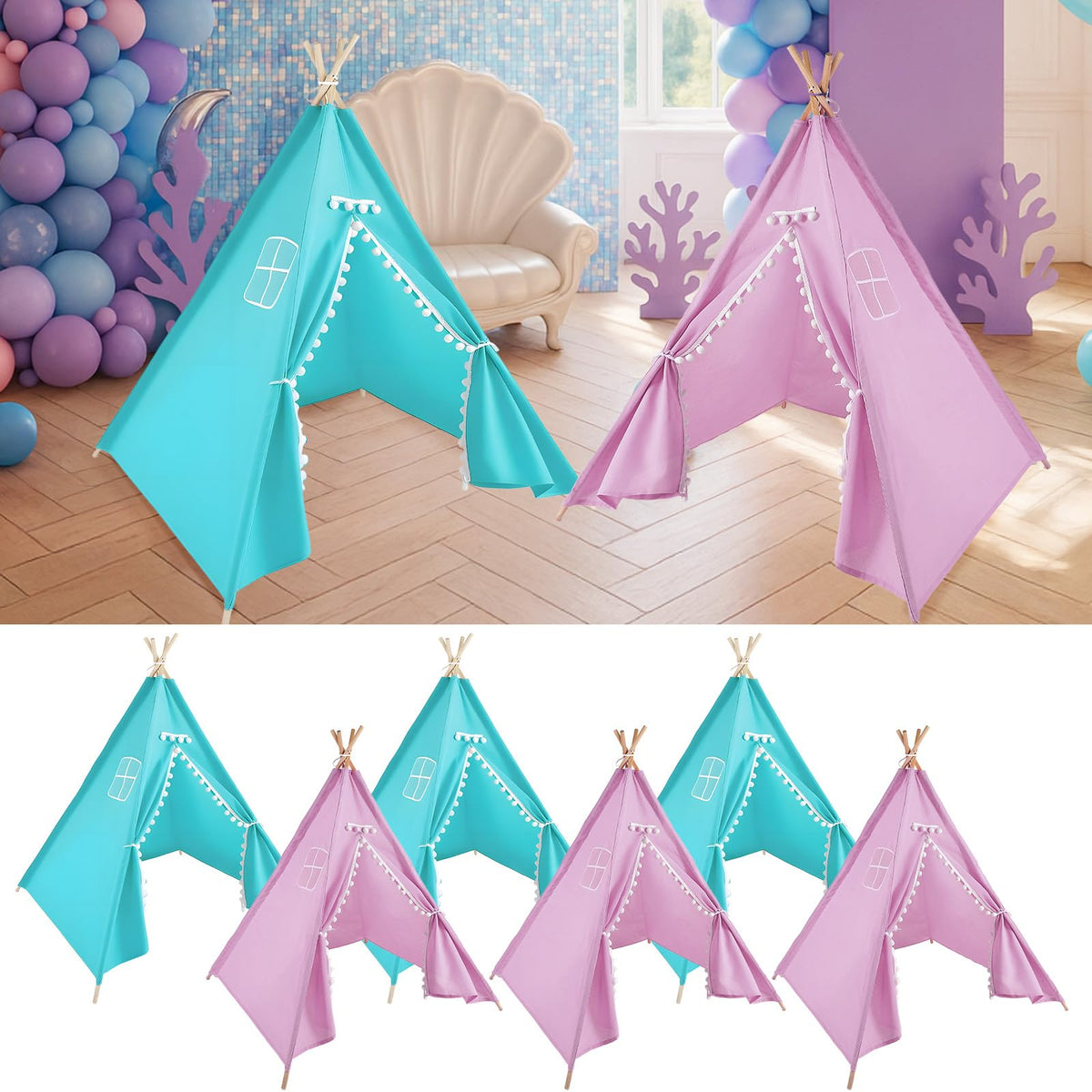Windyun 6-Piece Kids Teepee Tent Set – Foldable, Washable, Teal & Light Purple | Indoor/Outdoor