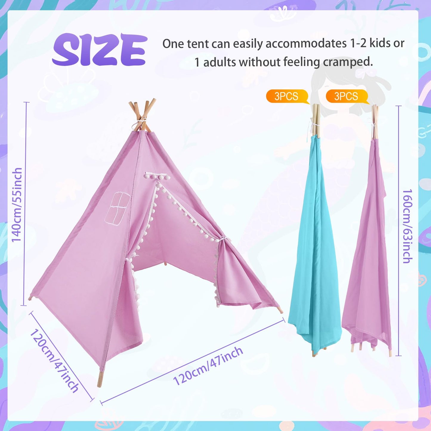 Windyun 6-Piece Kids Teepee Tent Set – Foldable, Washable, Teal & Light Purple | Indoor/Outdoor