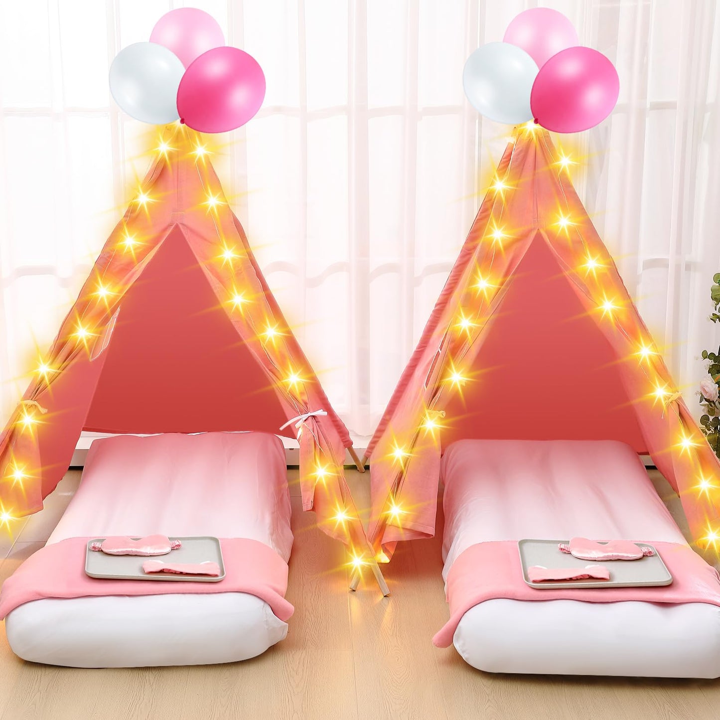 Windyun 4 Pack Kids Teepee Tent Set – Sleepover Tents with Mattresses, Lights & Trays (Pink)