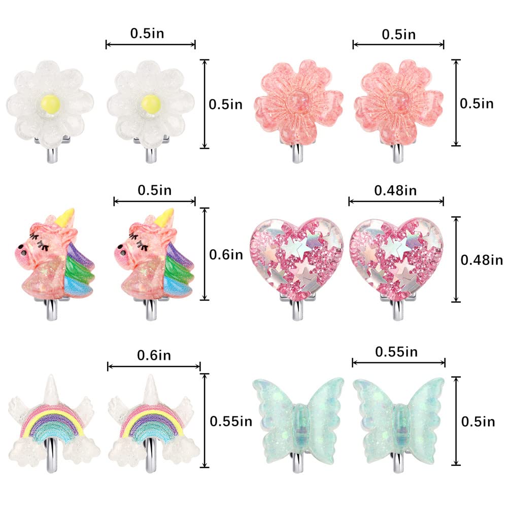 Wingchold 6-Designs Crystal Unicorn Clip-On Earrings for Girls