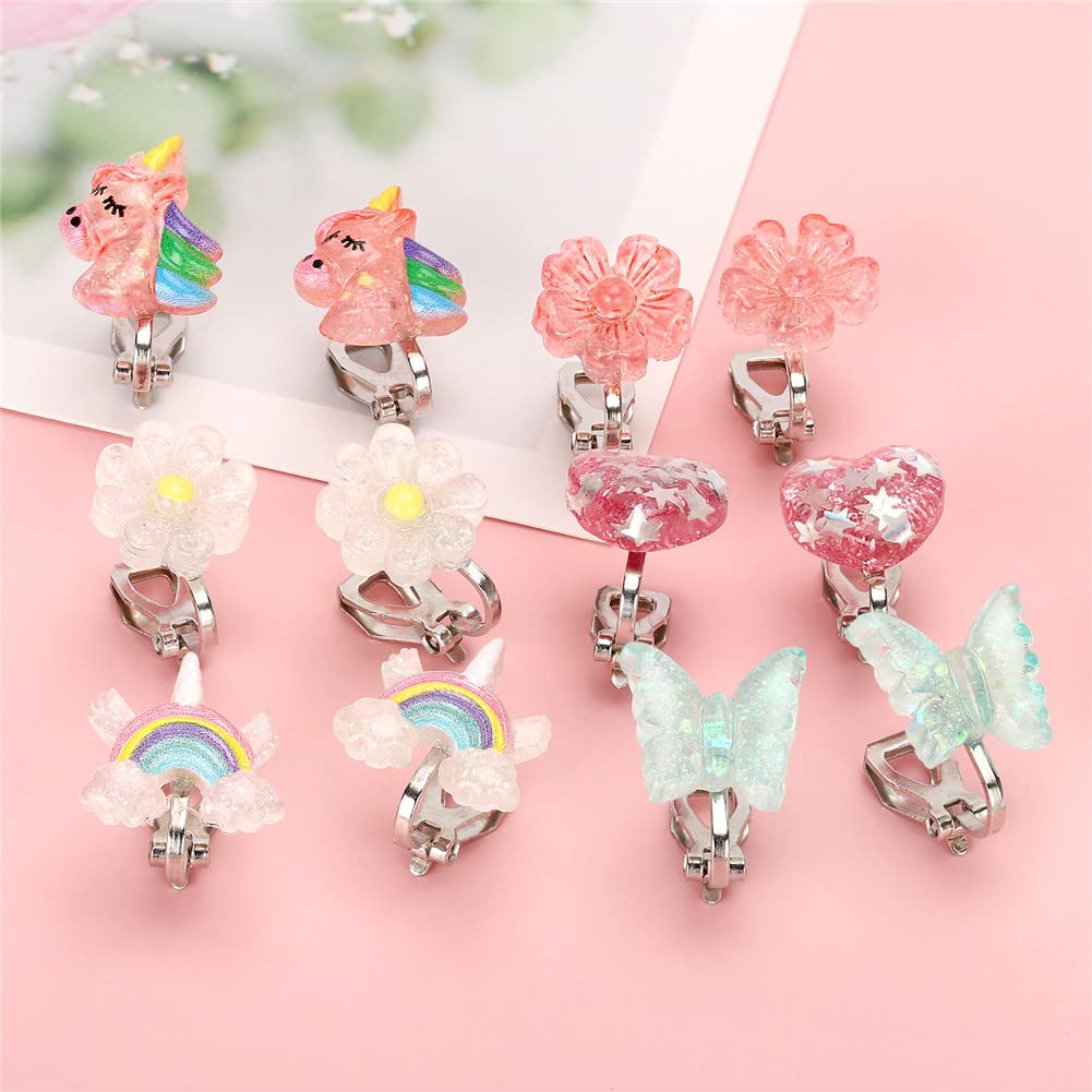 Wingchold 6-Designs Crystal Unicorn Clip-On Earrings for Girls