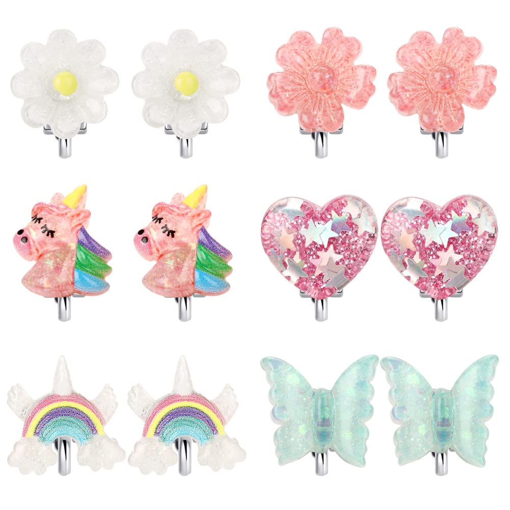 Wingchold 6-Designs Crystal Unicorn Clip-On Earrings for Girls
