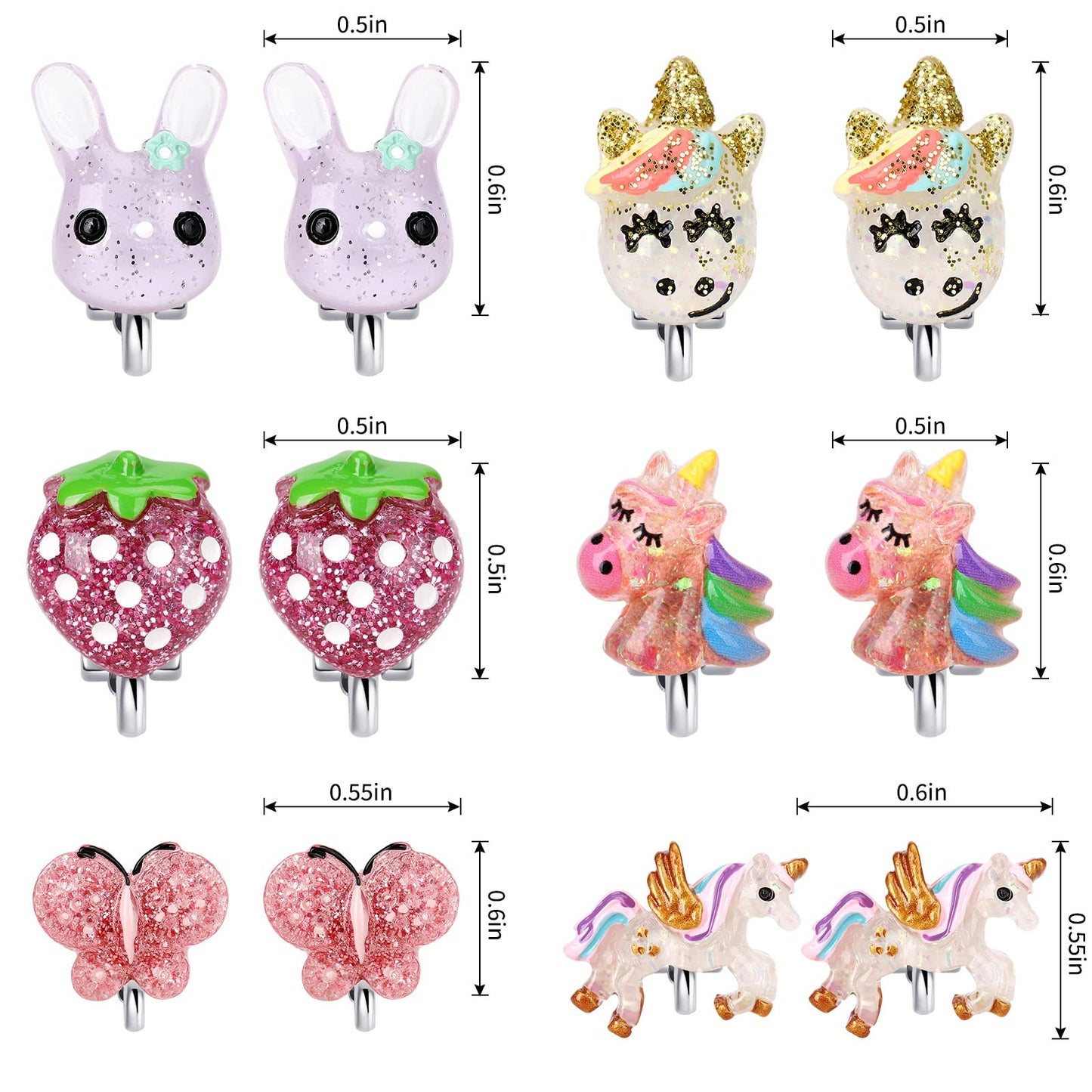 Wingchold Unicorn Clip-On Earrings for Little Girls - 6 Pairs Set with Butterfly & Strawberry