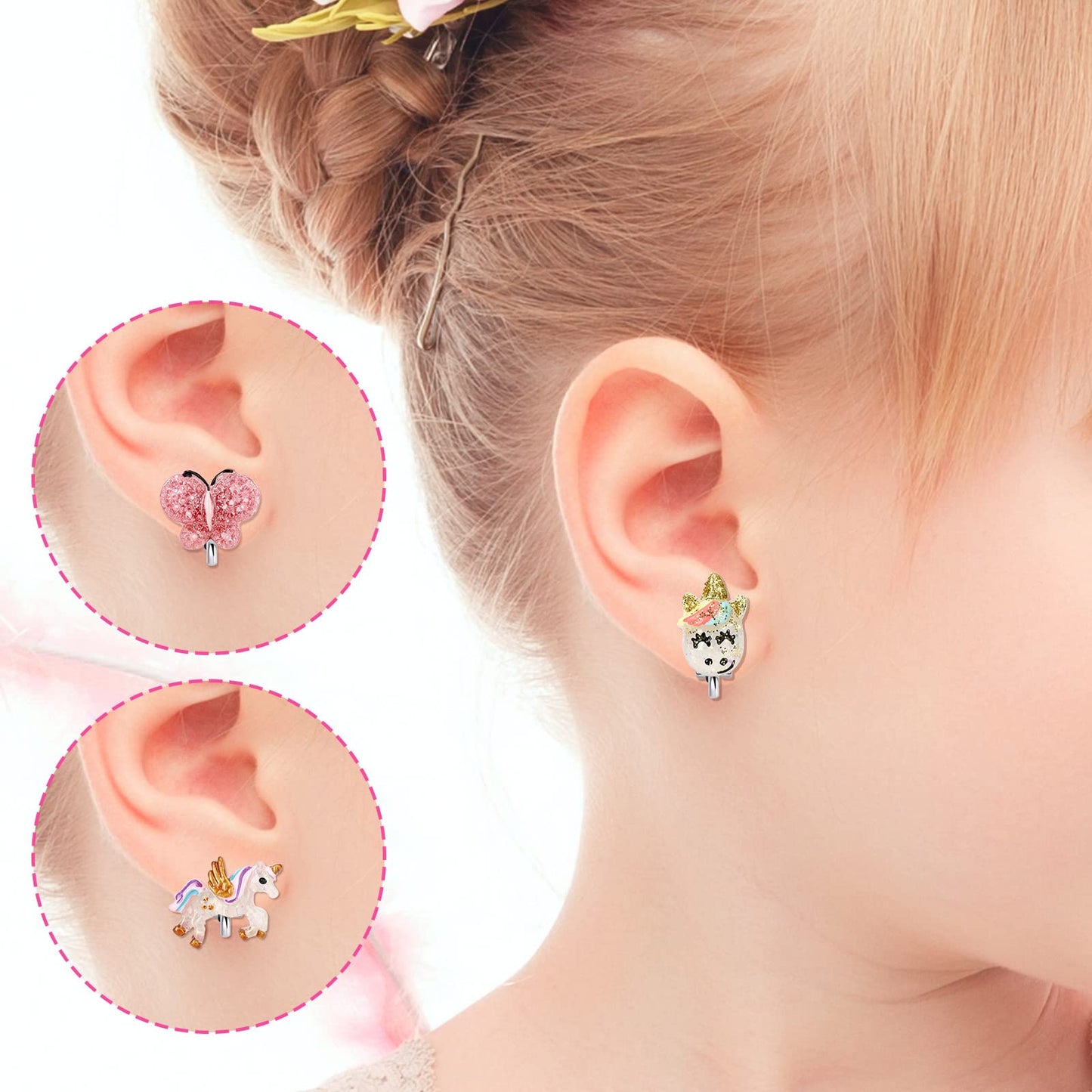 Wingchold Unicorn Clip-On Earrings for Little Girls - 6 Pairs Set with Butterfly & Strawberry