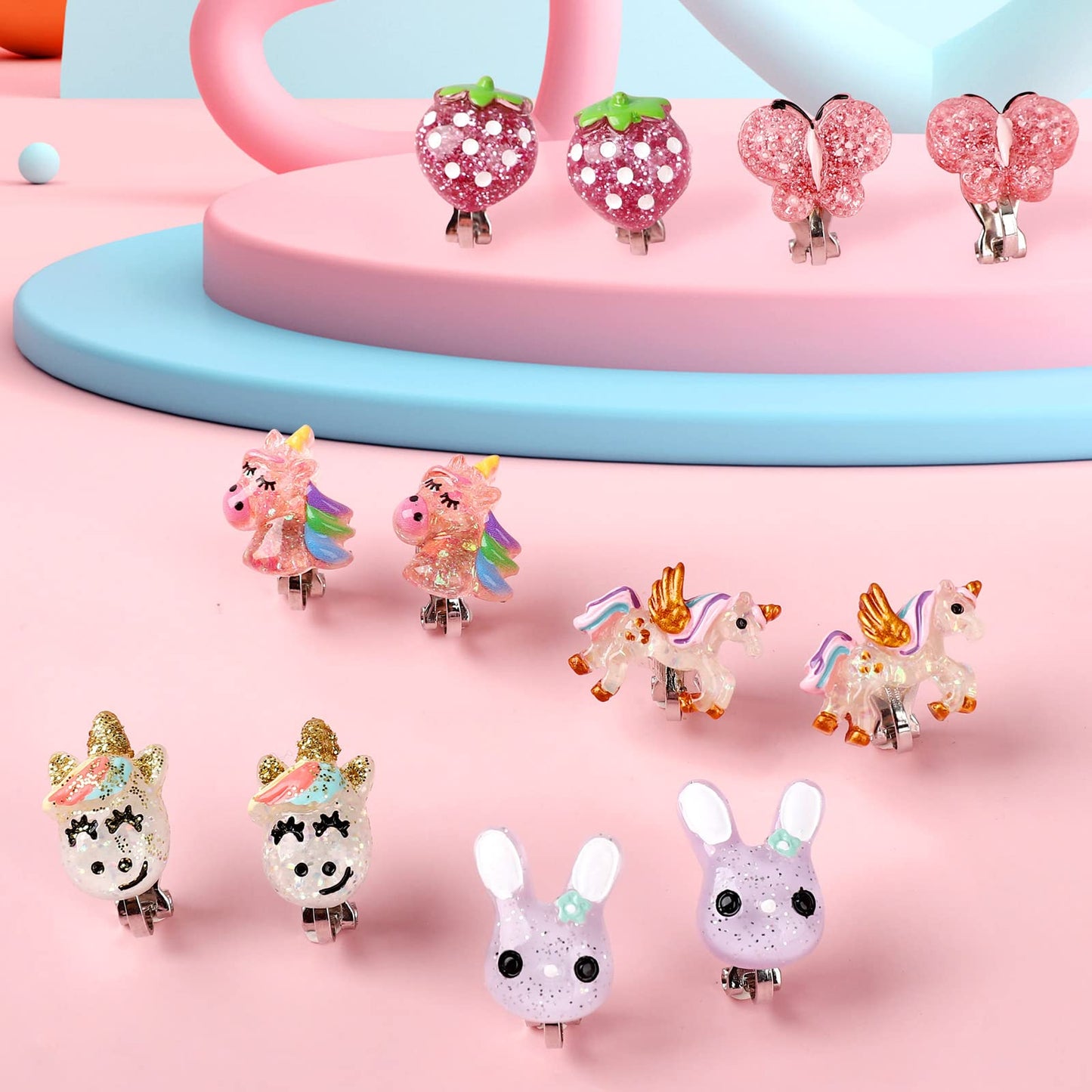 Wingchold Unicorn Clip-On Earrings for Little Girls - 6 Pairs Set with Butterfly & Strawberry