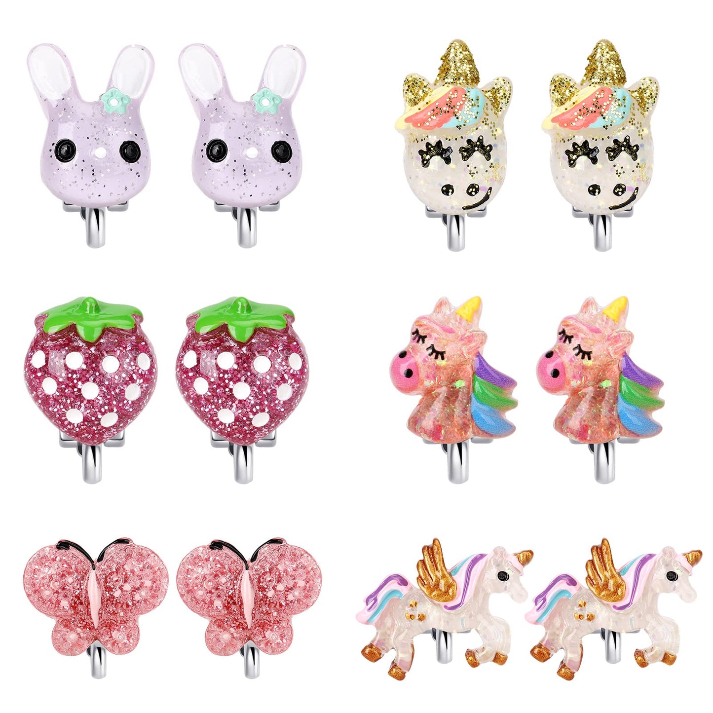 Wingchold Unicorn Clip-On Earrings for Little Girls - 6 Pairs Set with Butterfly & Strawberry